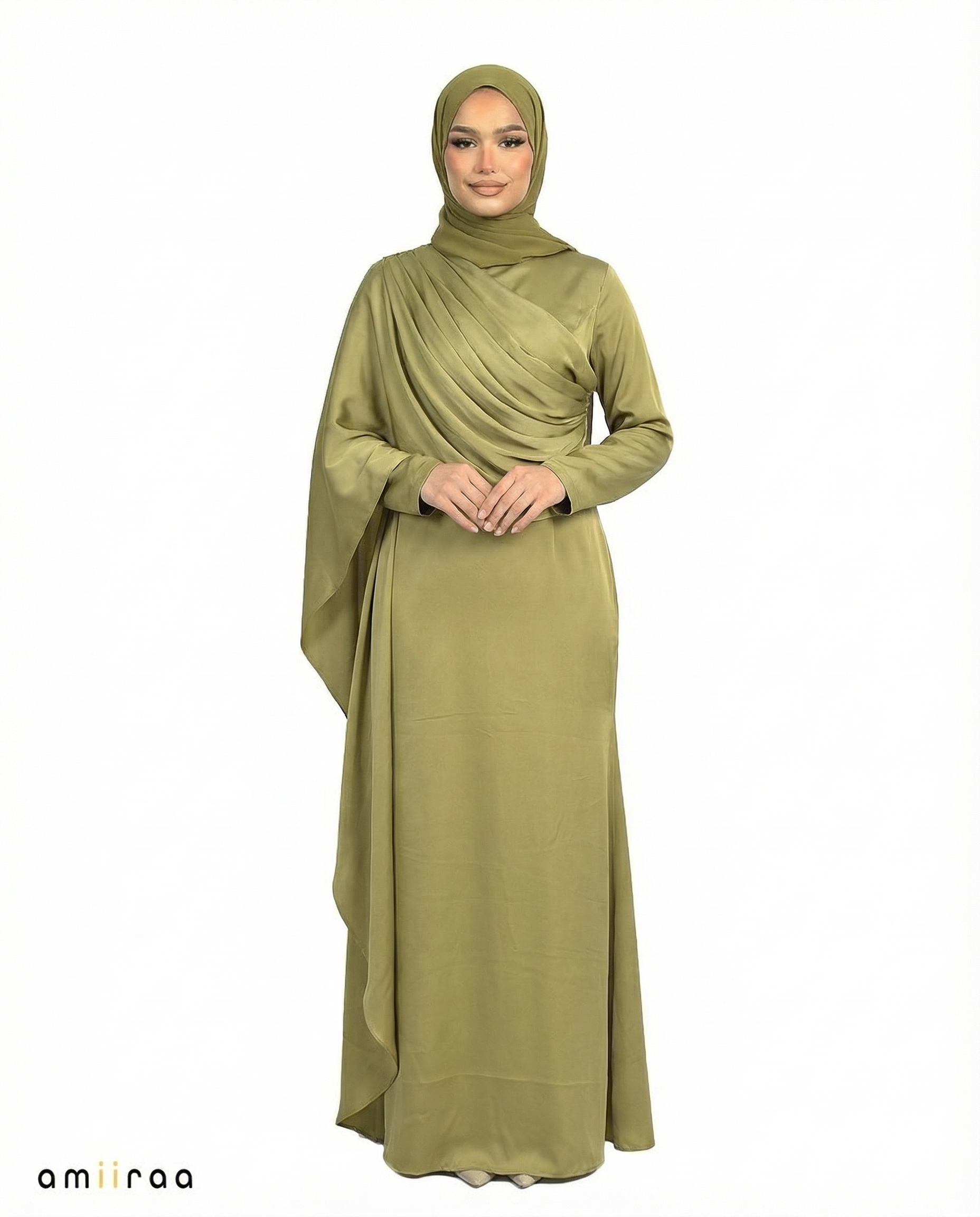 Burnished Gold Silk-Feel Draped Cape Overlay Maxi Dress