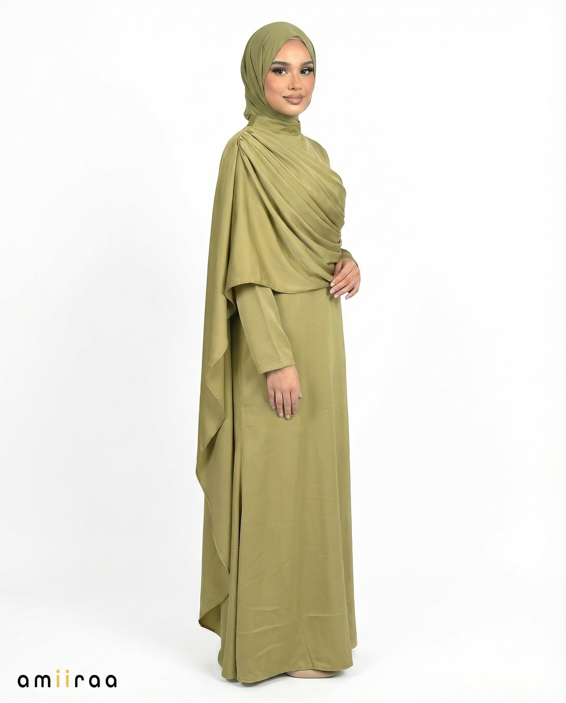 Burnished Gold Silk-Feel Draped Cape Overlay Maxi Dress