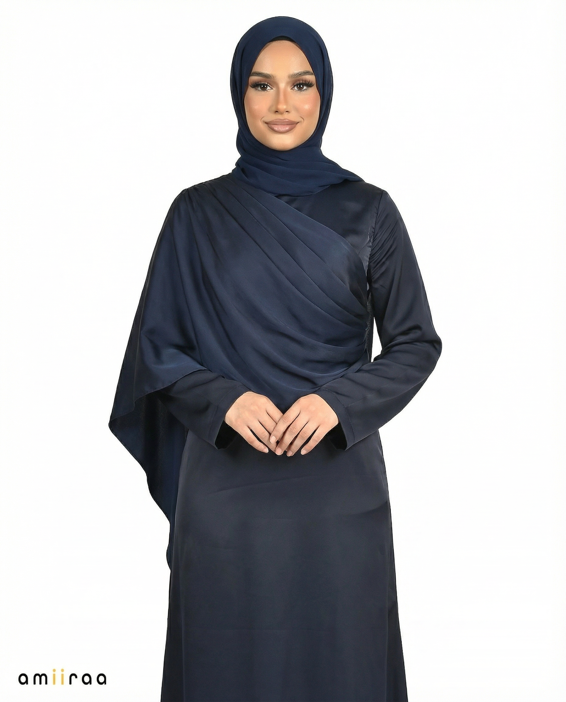 Patriot Blue Silk-Feel Draped Cape Overlay Maxi Dress