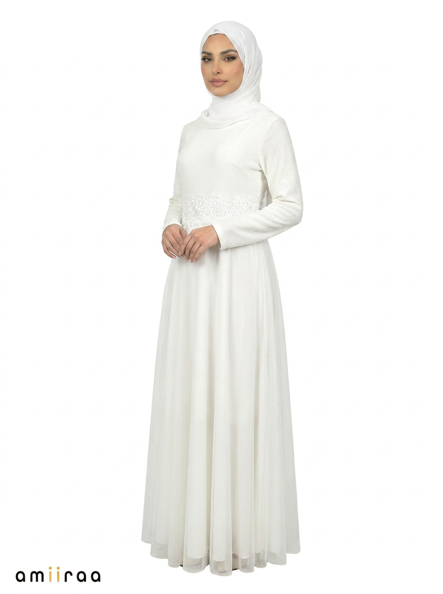 Blanc De Blanc Premium Modest Maxi Dress with Embroidered Waist Detail