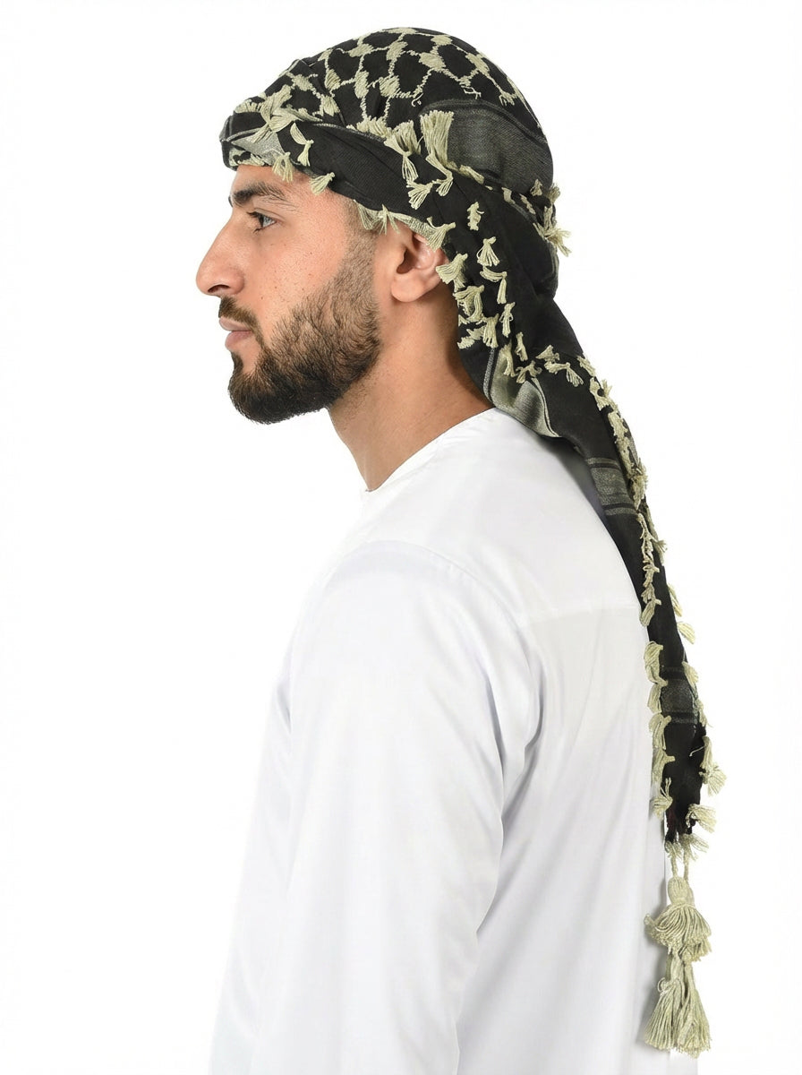 Mulled Basil Keffiyeh Pattern Tassel Scarf