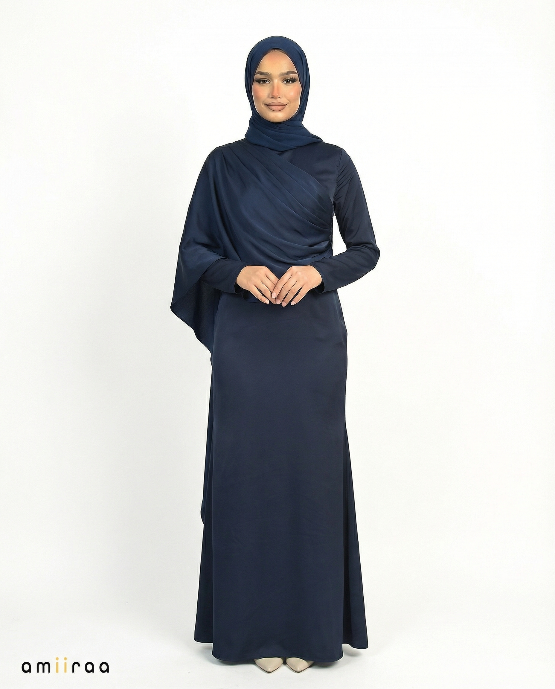 Patriot Blue Silk-Feel Draped Cape Overlay Maxi Dress