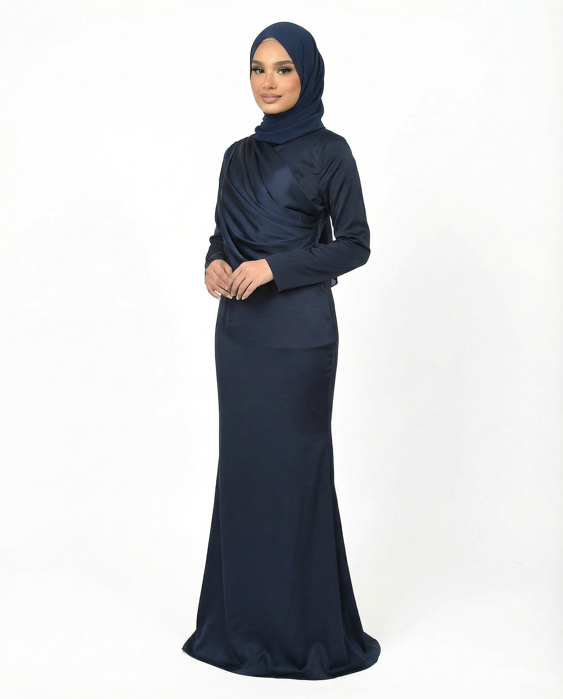 Patriot Blue Silk-Feel Draped Cape Overlay Maxi Dress