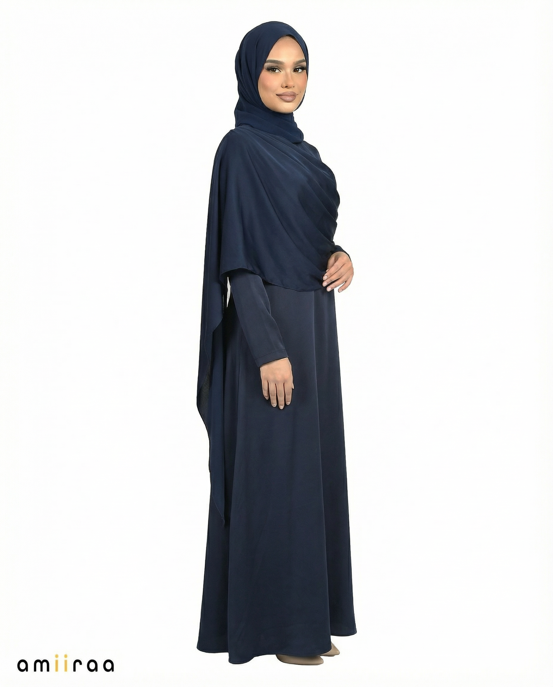 Patriot Blue Silk-Feel Draped Cape Overlay Maxi Dress