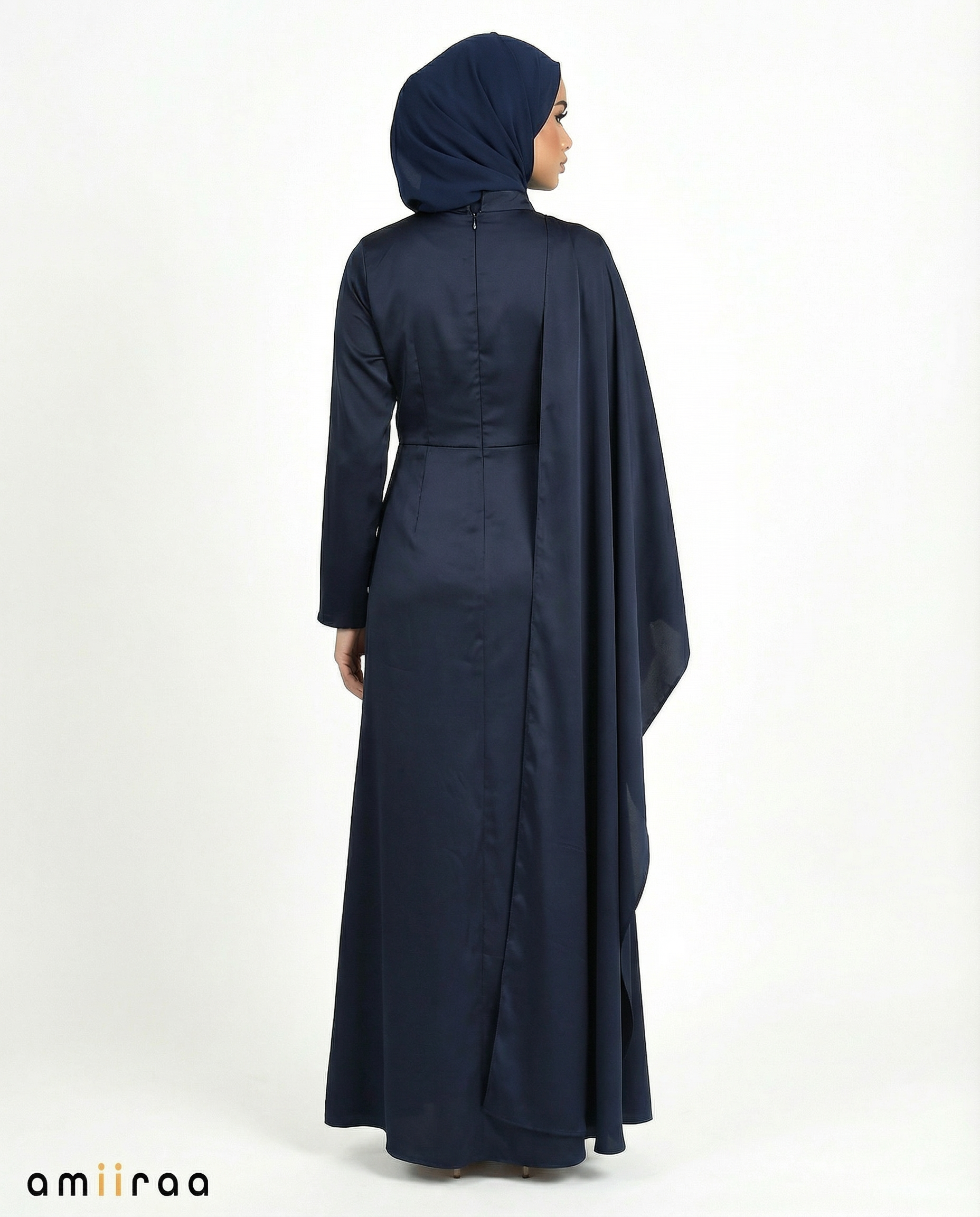 Patriot Blue Silk-Feel Draped Cape Overlay Maxi Dress
