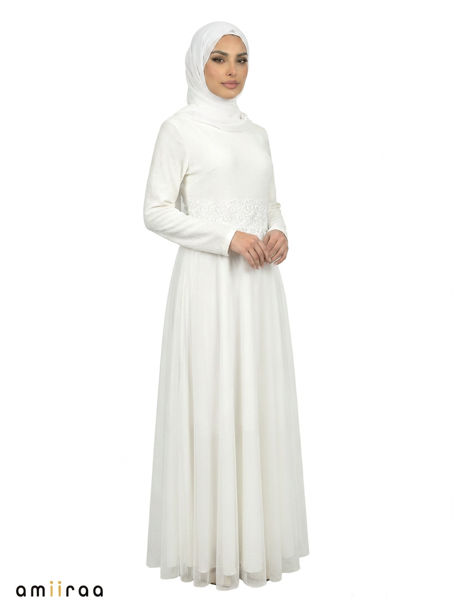 Blanc De Blanc Premium Modest Maxi Dress with Embroidered Waist Detail