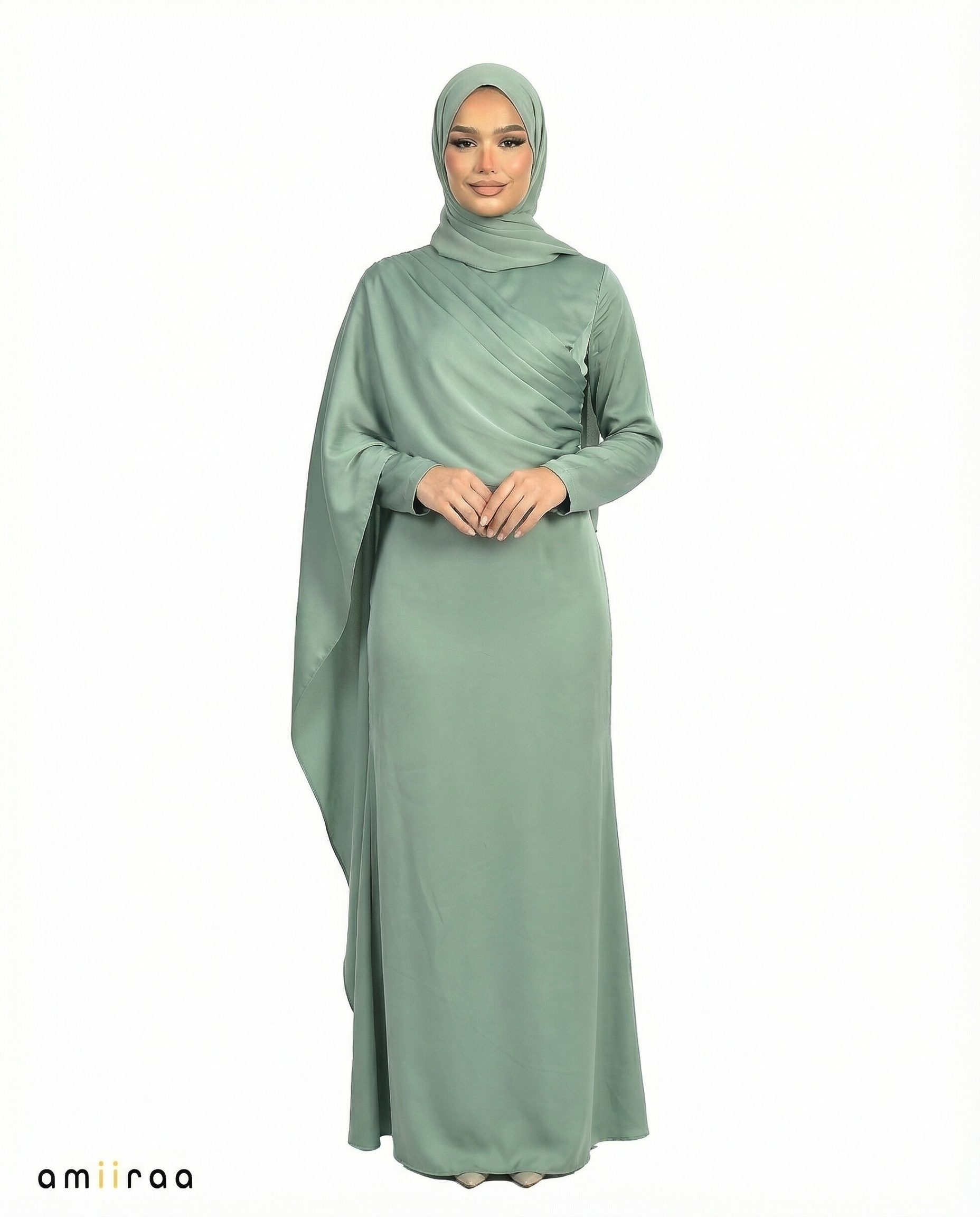 Balsam Green Silk-Feel Draped Cape Overlay Maxi Dress