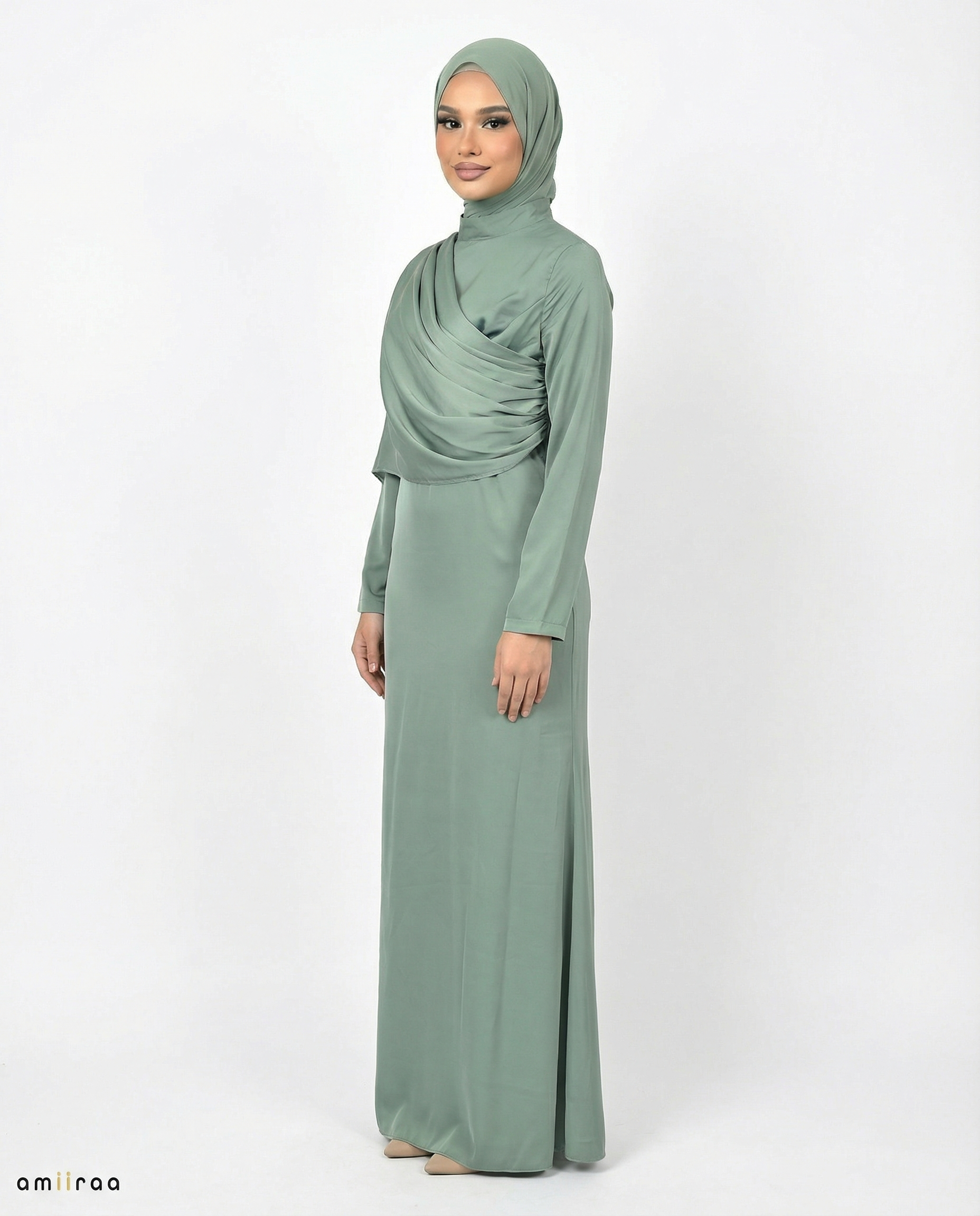 Balsam Green Silk-Feel Draped Cape Overlay Maxi Dress