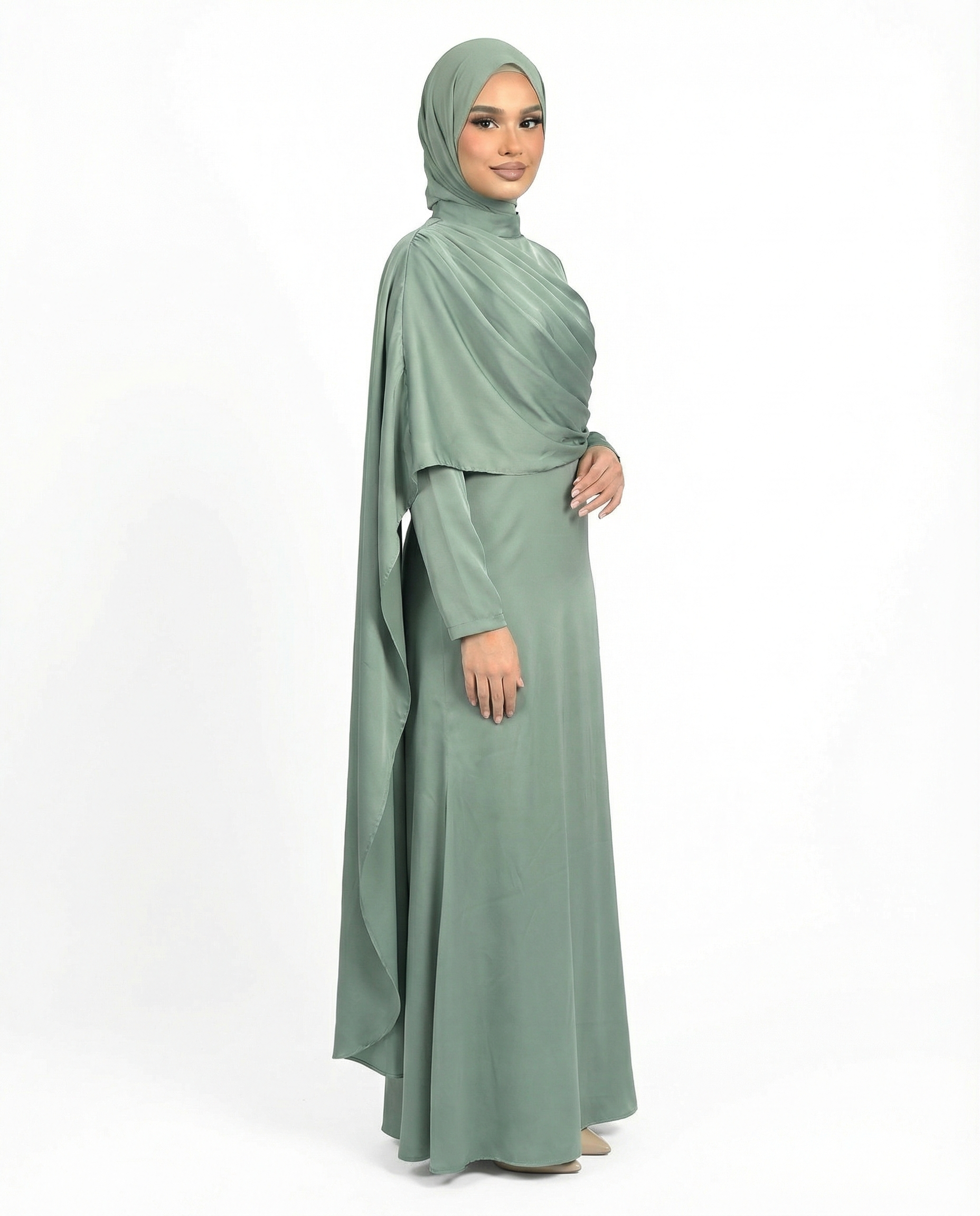 Balsam Green Silk-Feel Draped Cape Overlay Maxi Dress