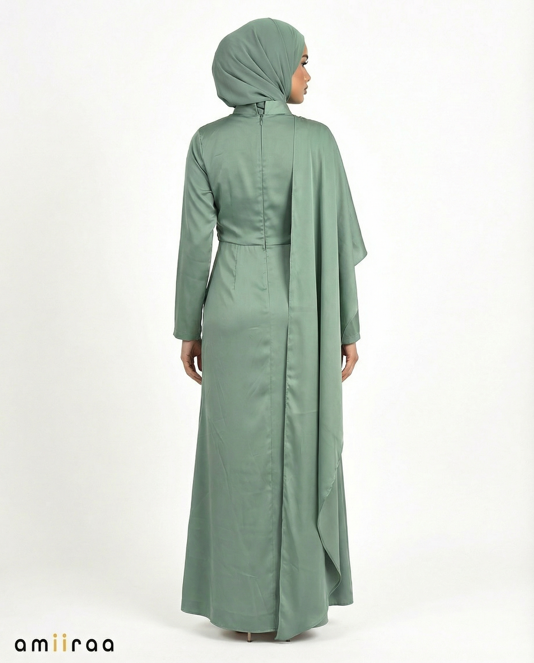 Balsam Green Silk-Feel Draped Cape Overlay Maxi Dress