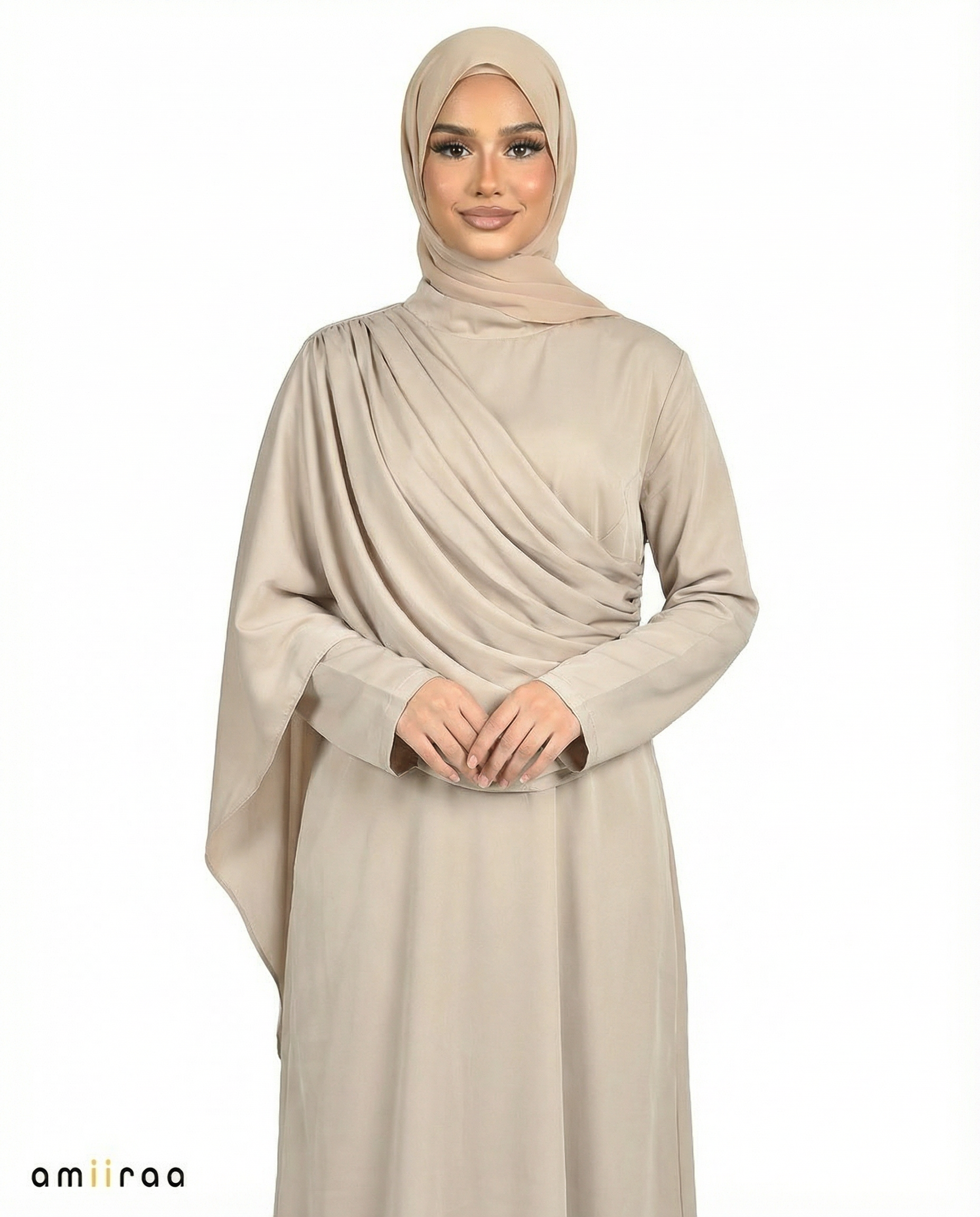 Simply Taupe Silk-Feel Draped Cape Overlay Maxi Dress