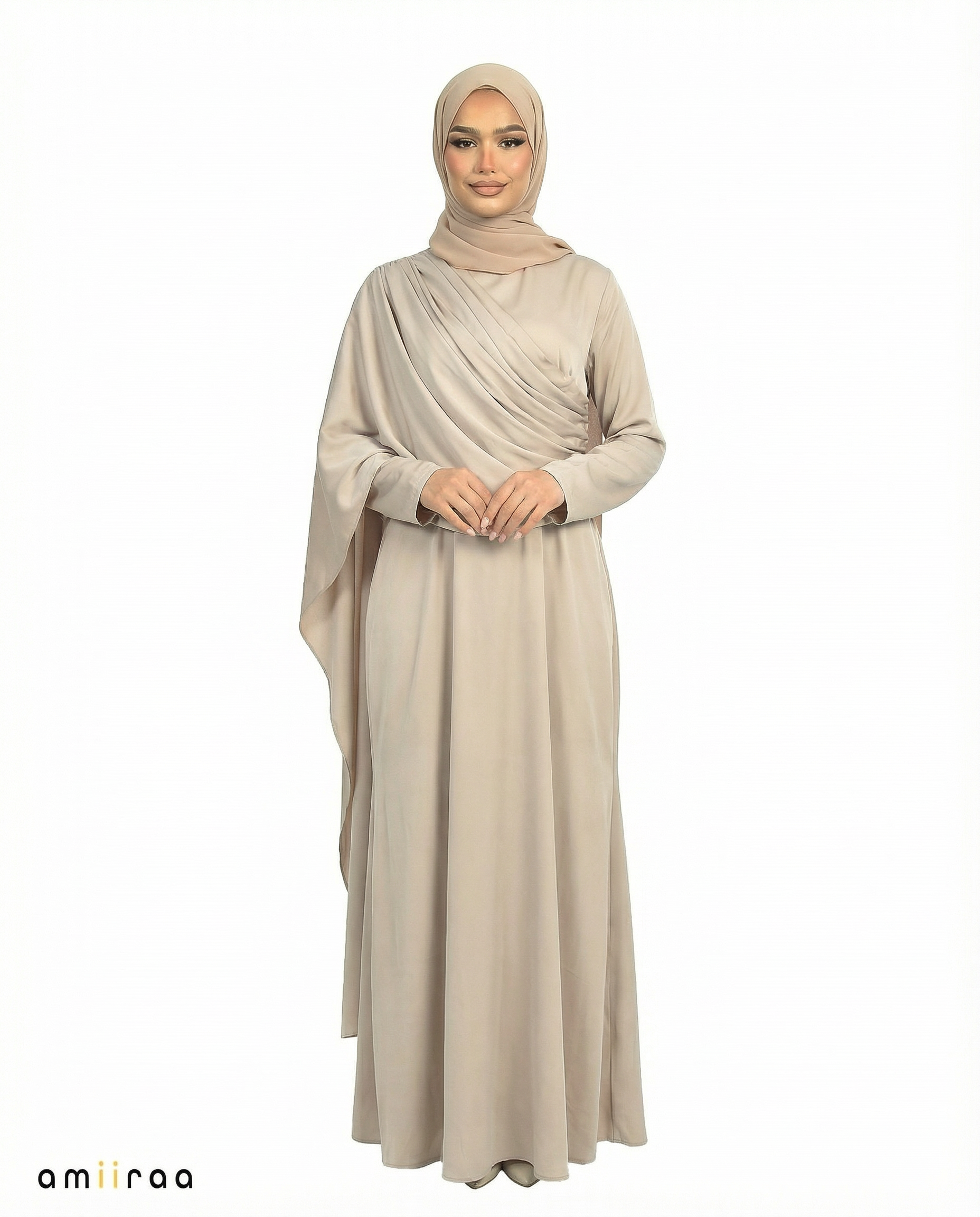 Simply Taupe Silk-Feel Draped Cape Overlay Maxi Dress