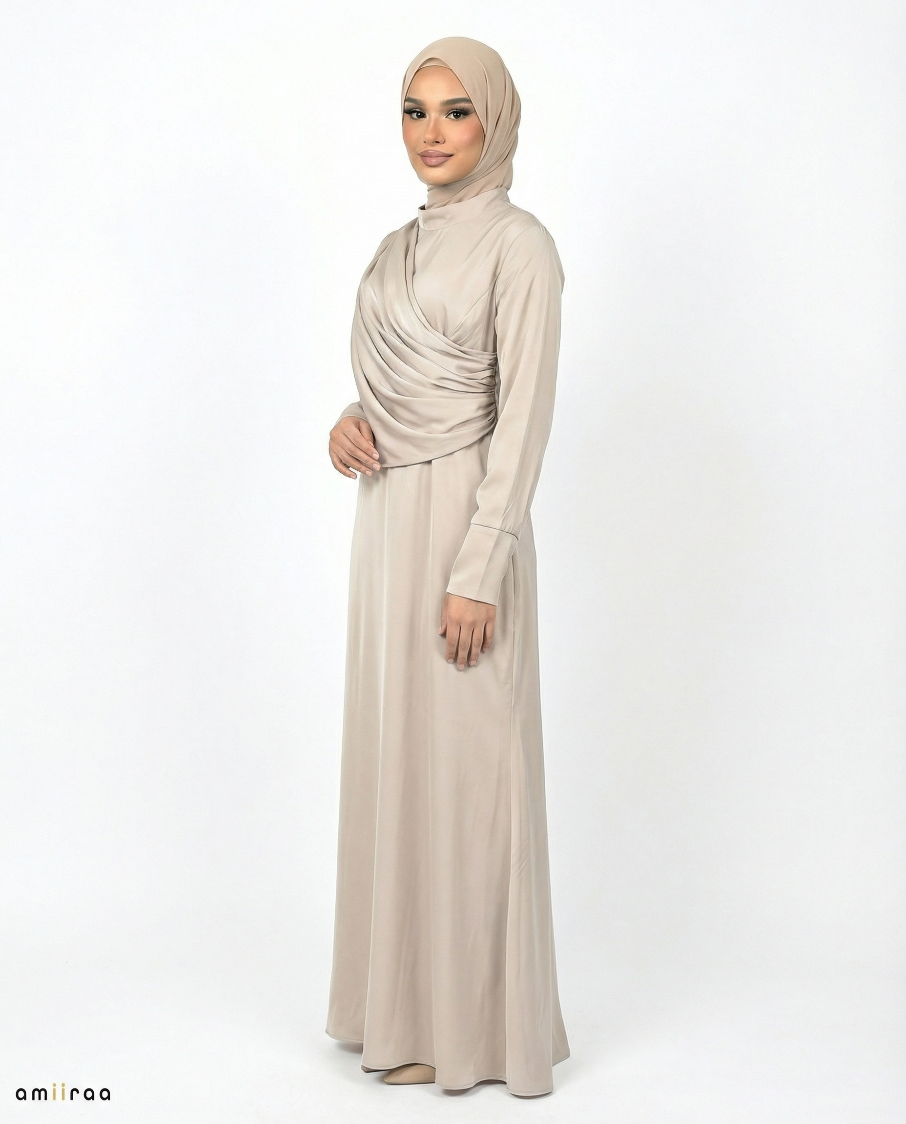 Simply Taupe Silk-Feel Draped Cape Overlay Maxi Dress