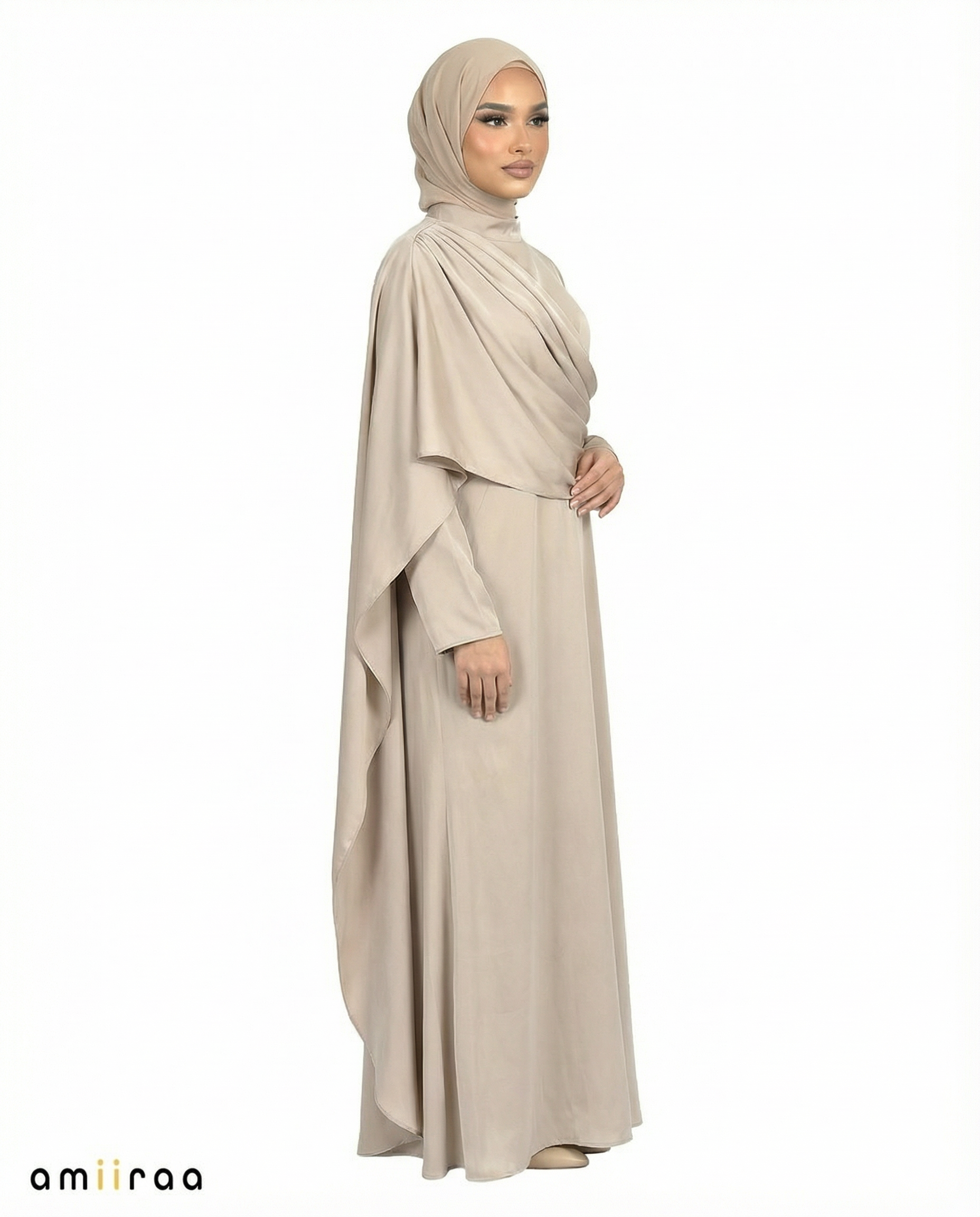 Simply Taupe Silk-Feel Draped Cape Overlay Maxi Dress