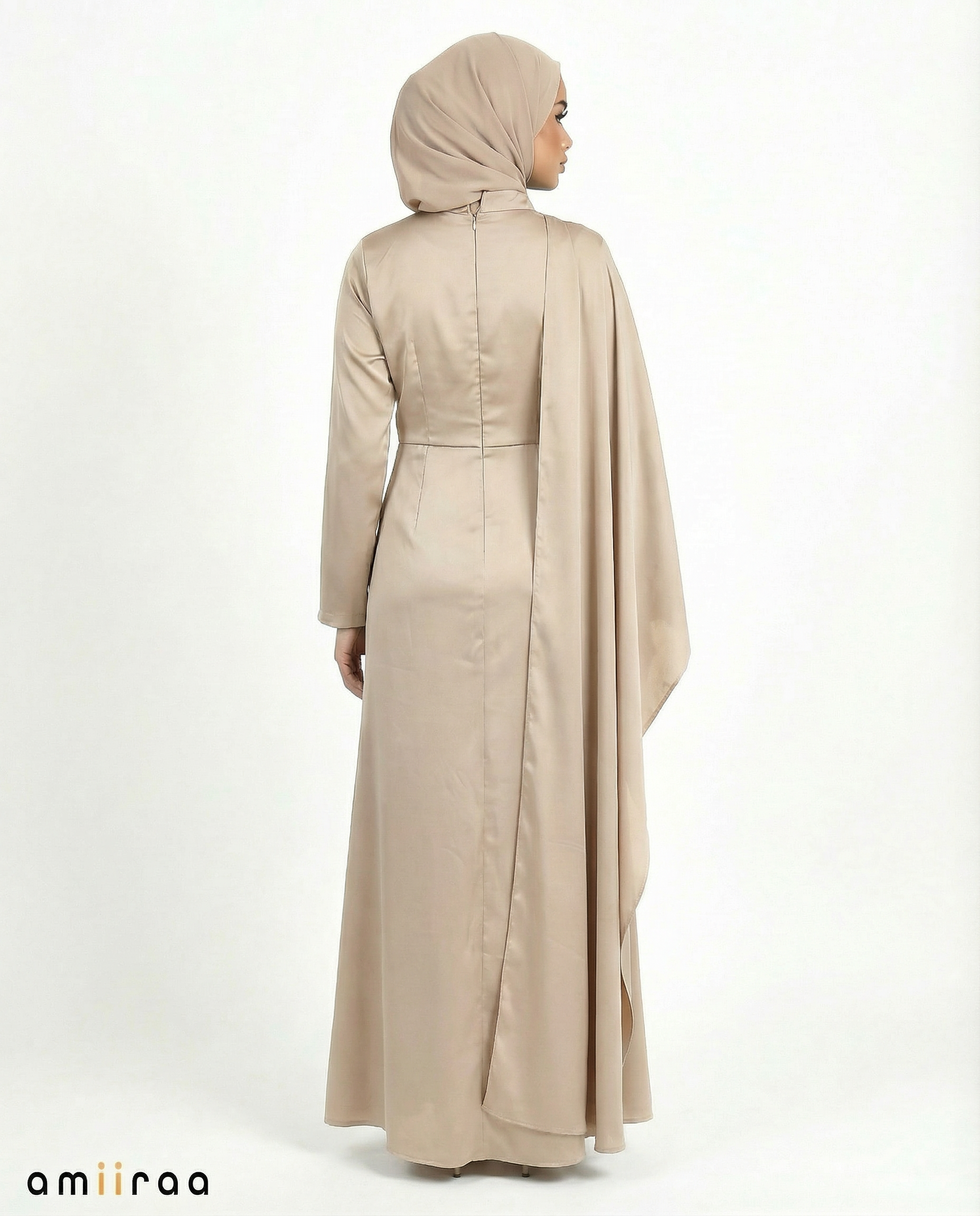 Simply Taupe Silk-Feel Draped Cape Overlay Maxi Dress
