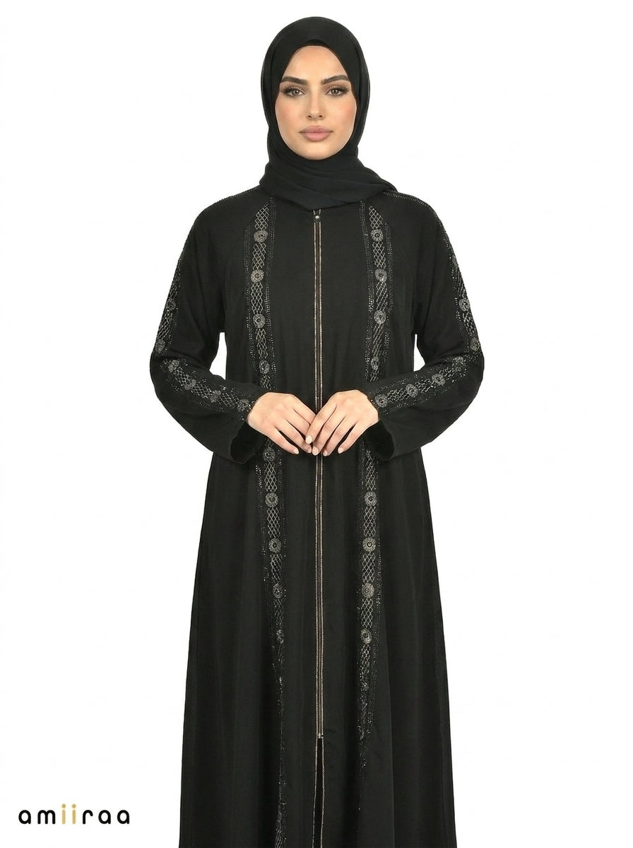 White Down Embroidered Sleeve Detail Front-Zip Abaya