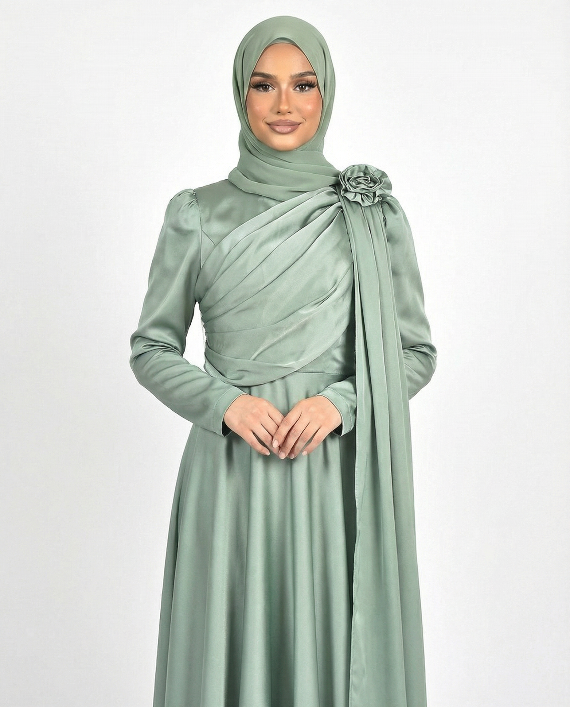 Balsam Green Satin Drape Gown with Detachable Shoulder Flower