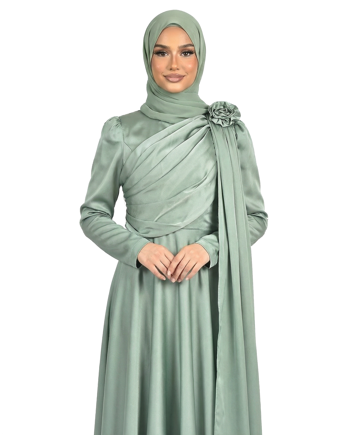 Balsam Green Satin Drape Gown with Detachable Shoulder Flower