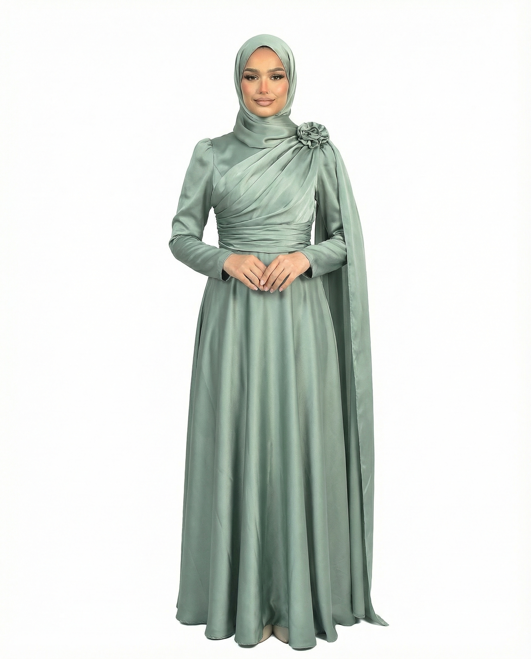 Balsam Green Satin Drape Gown with Detachable Shoulder Flower