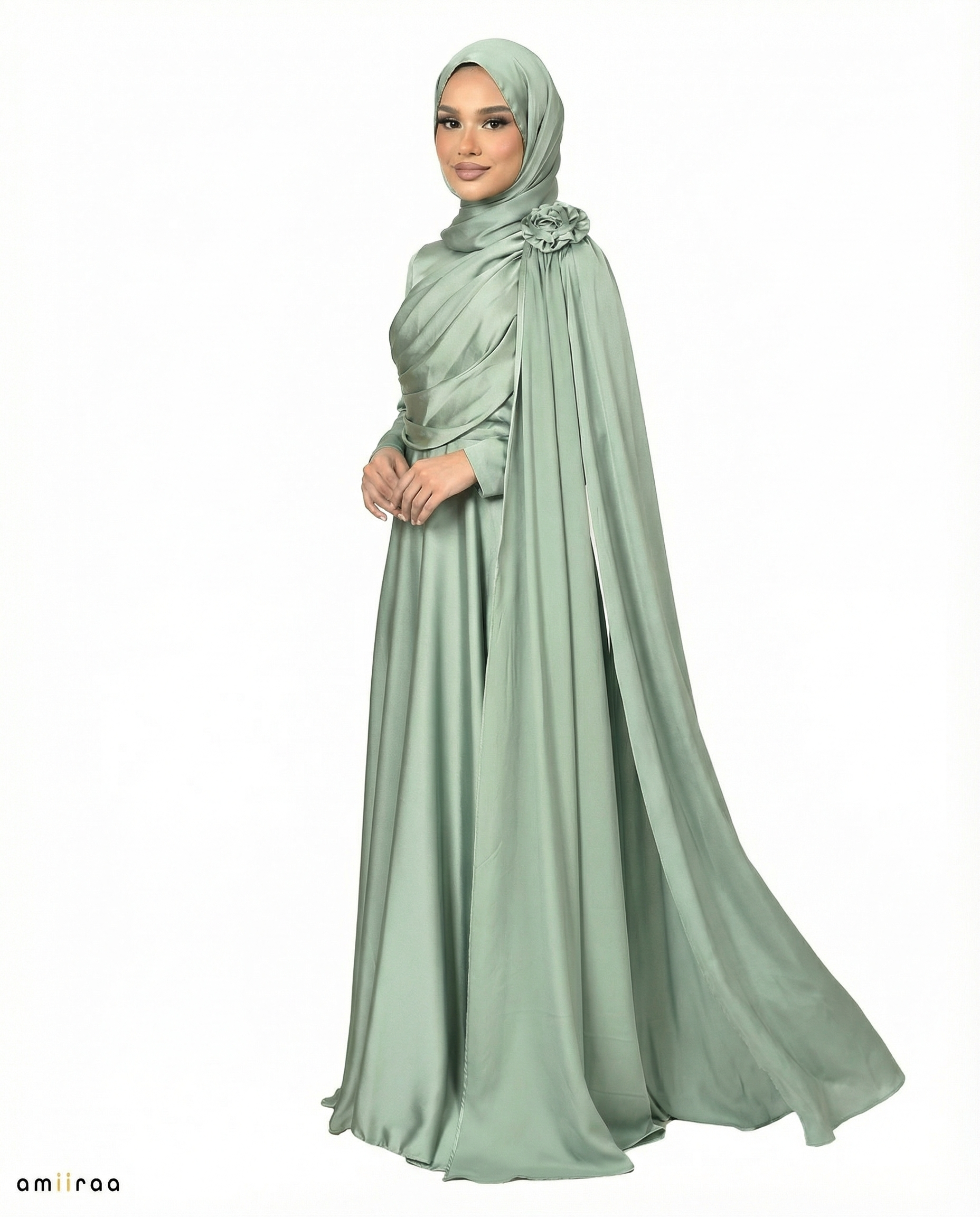 Balsam Green Satin Drape Gown with Detachable Shoulder Flower
