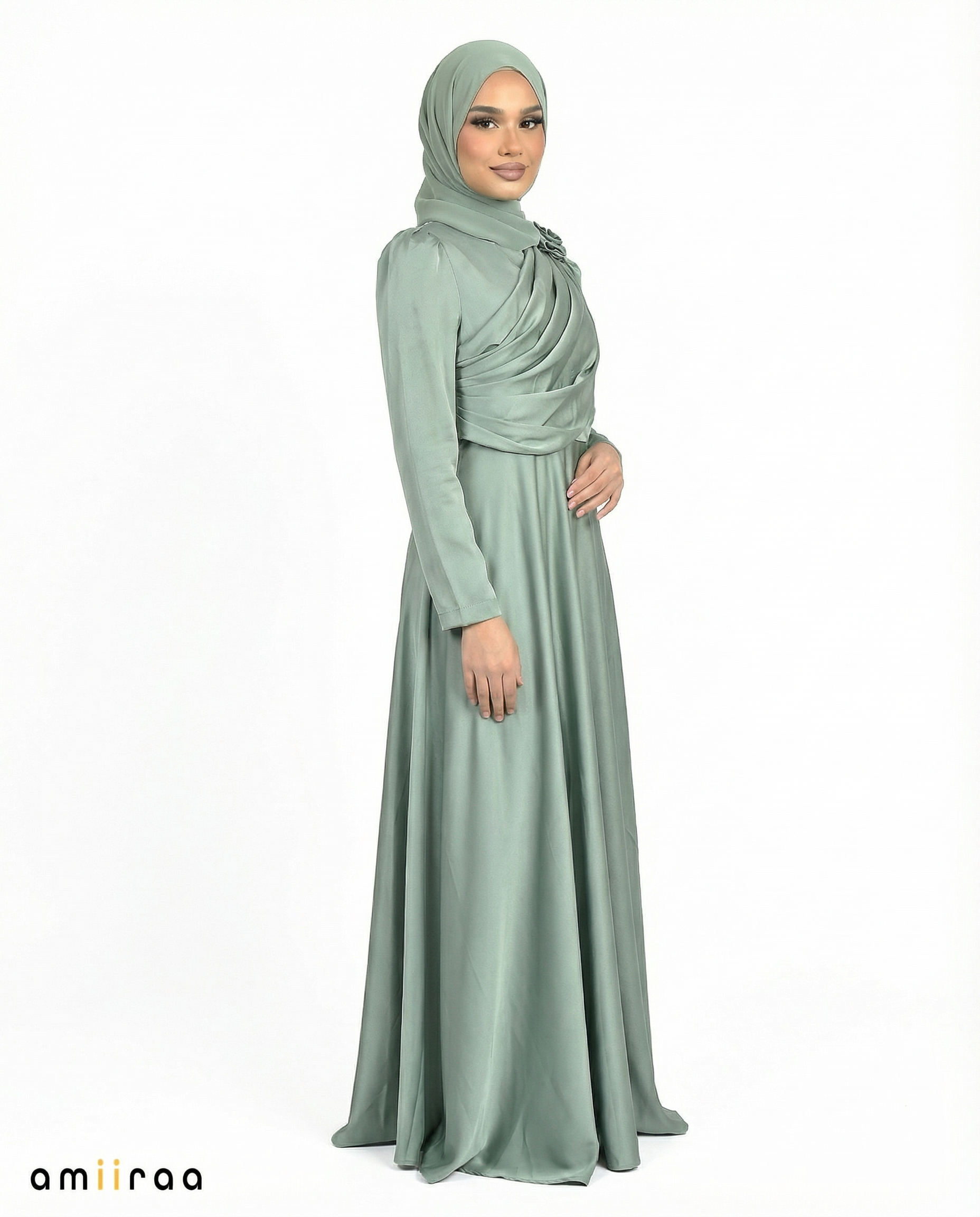 Balsam Green Satin Drape Gown with Detachable Shoulder Flower