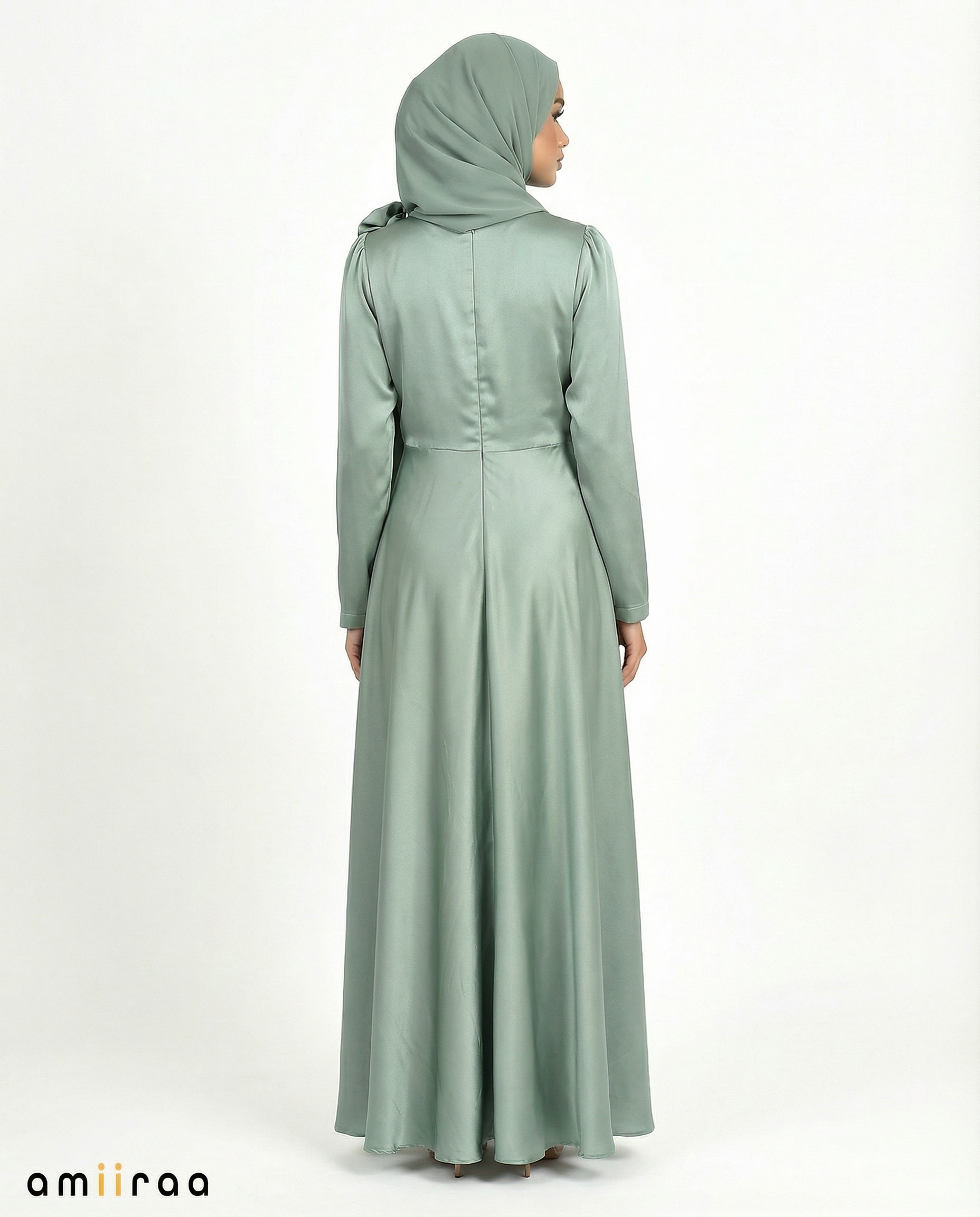 Balsam Green Satin Drape Gown with Detachable Shoulder Flower