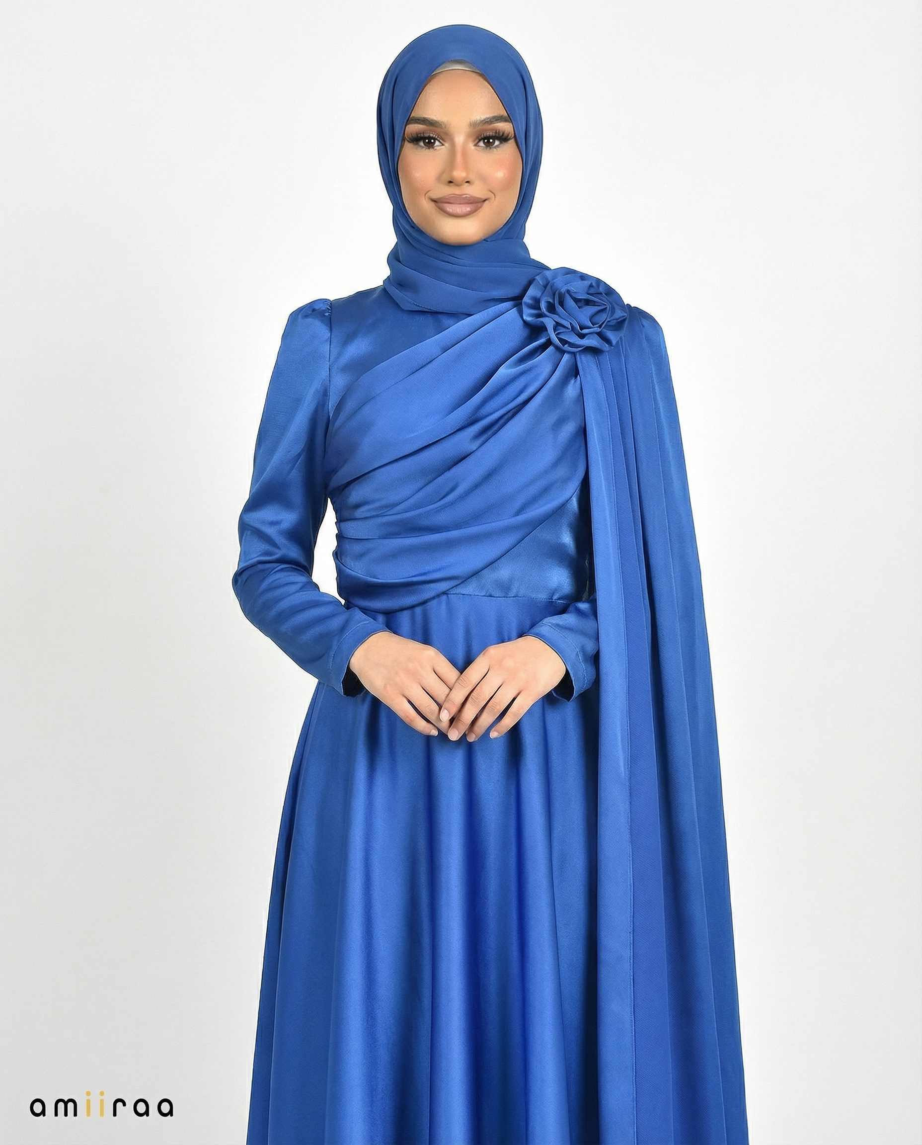 Patriot Blue Satin Drape Gown with Detachable Shoulder Flower