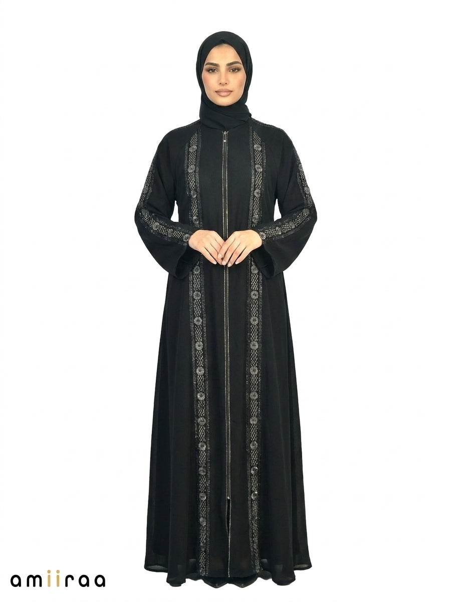 White Down Embroidered Sleeve Detail Front-Zip Abaya