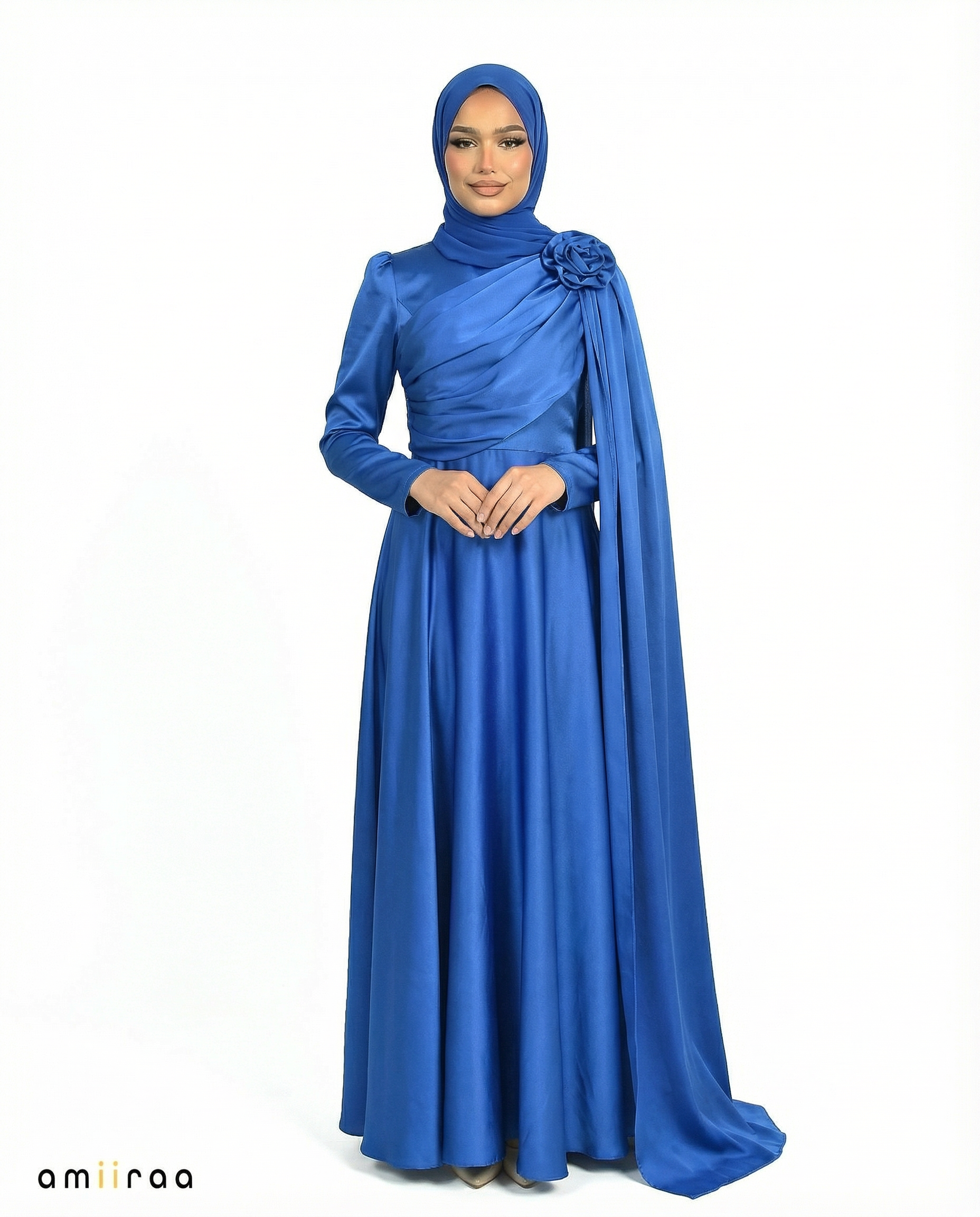 Patriot Blue Satin Drape Gown with Detachable Shoulder Flower