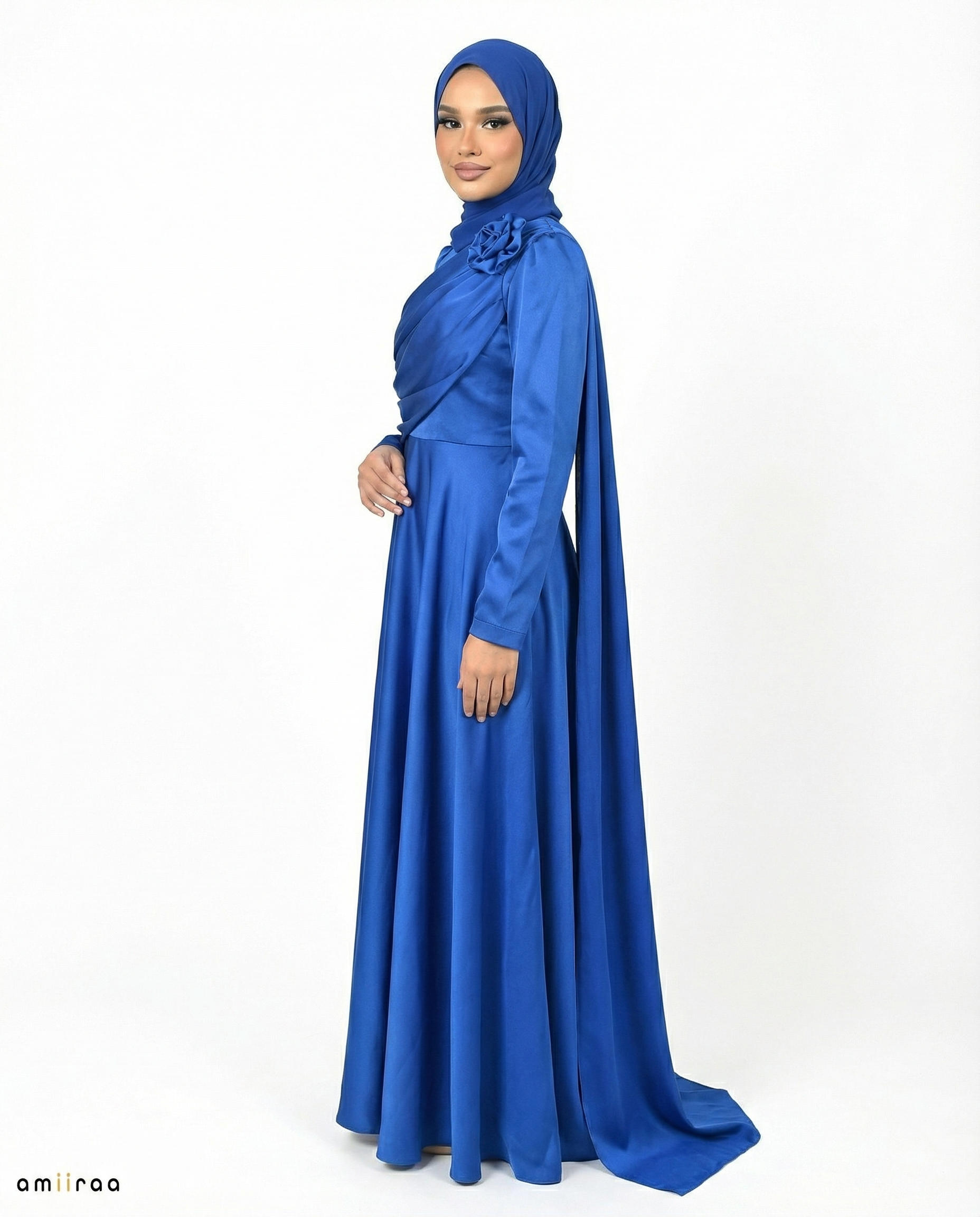 Patriot Blue Satin Drape Gown with Detachable Shoulder Flower