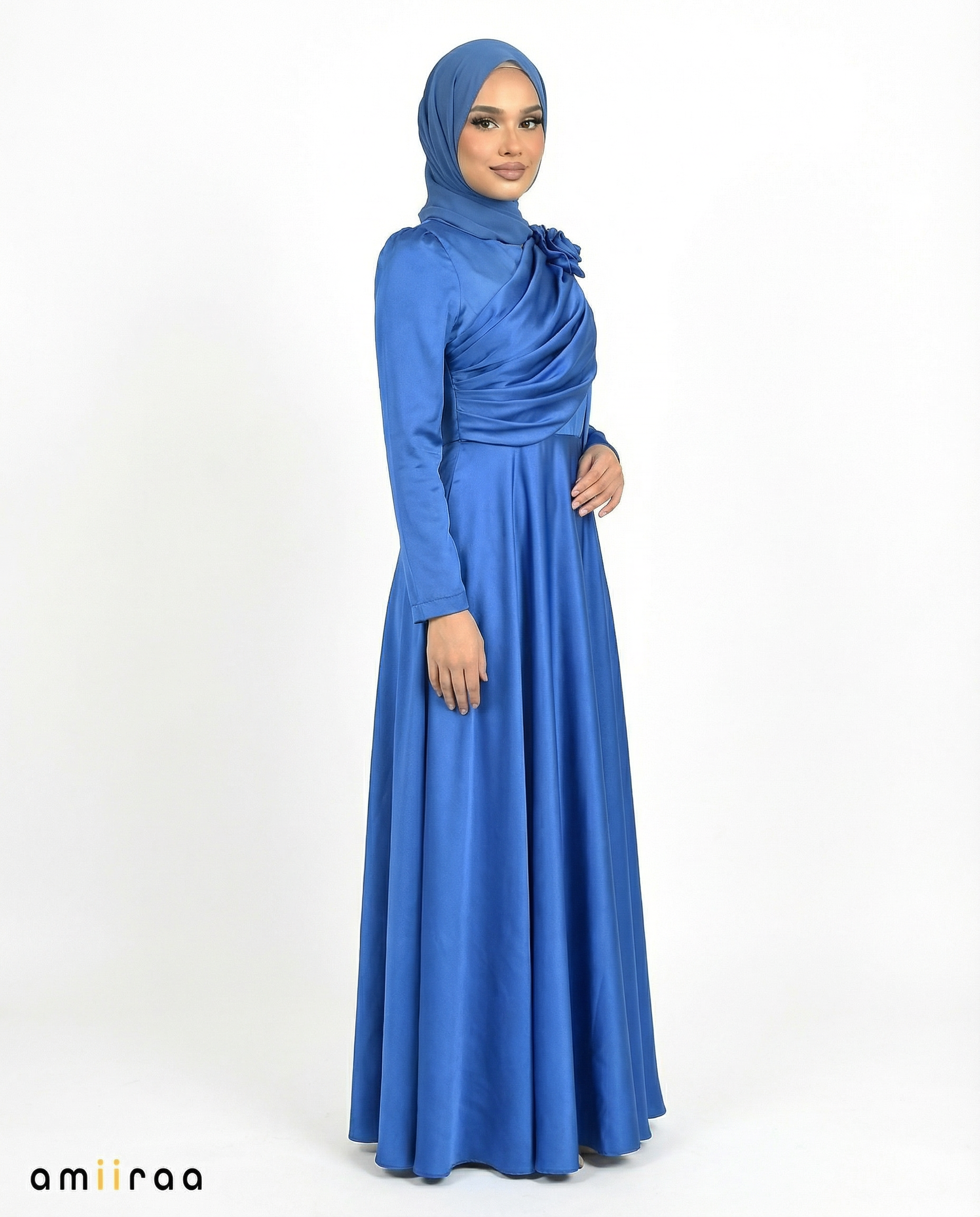 Patriot Blue Satin Drape Gown with Detachable Shoulder Flower