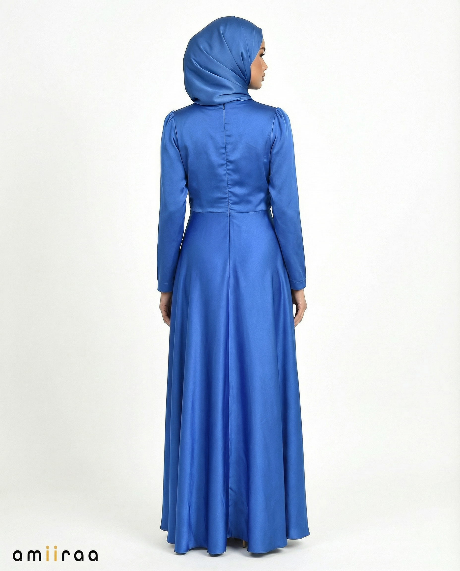 Patriot Blue Satin Drape Gown with Detachable Shoulder Flower