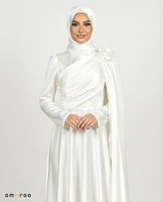 Oyster White Satin Drape Gown with Detachable Shoulder Flower
