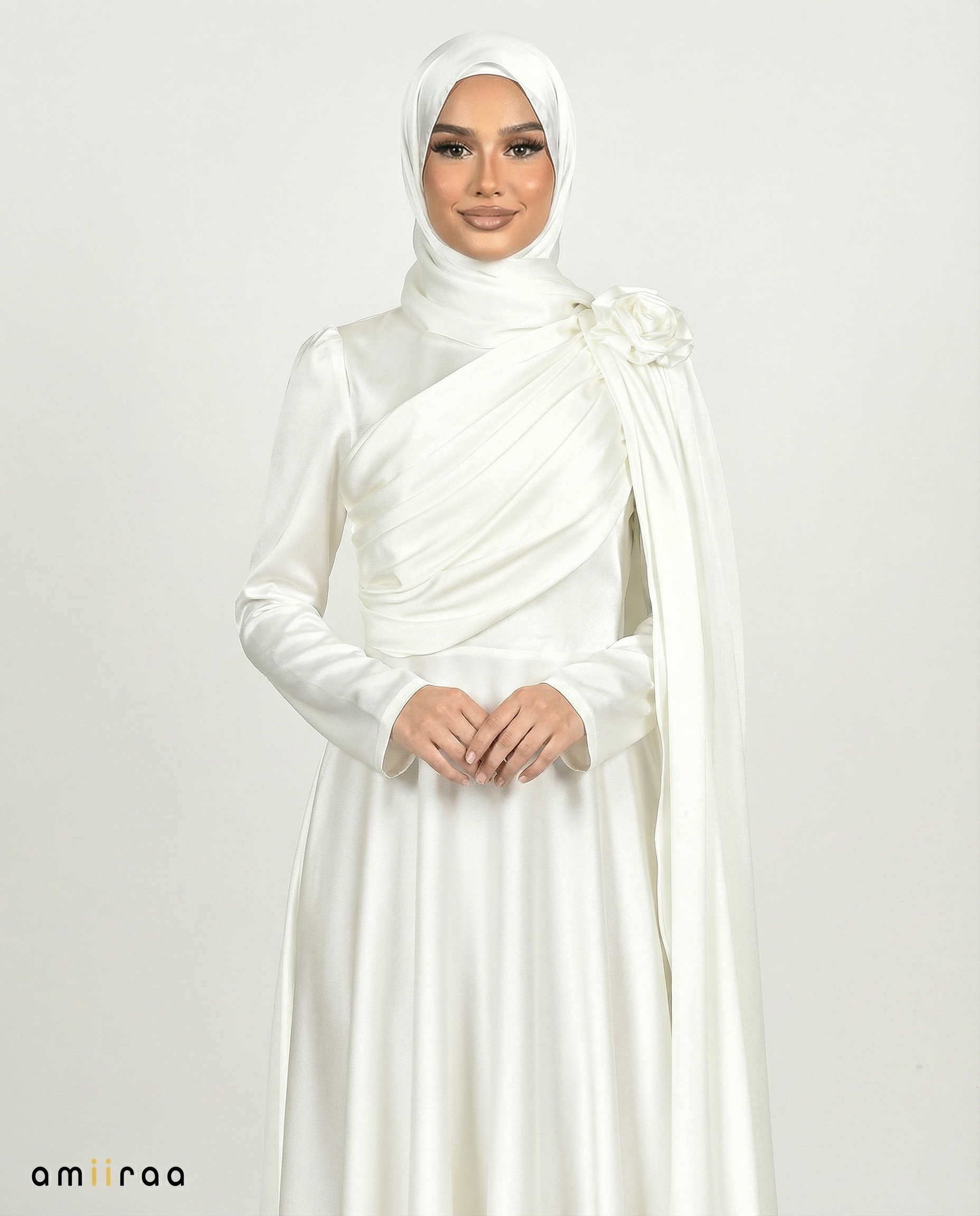 Oyster White Satin Drape Gown with Detachable Shoulder Flower