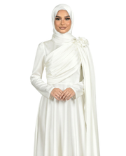 Oyster White Satin Drape Gown with Detachable Shoulder Flower