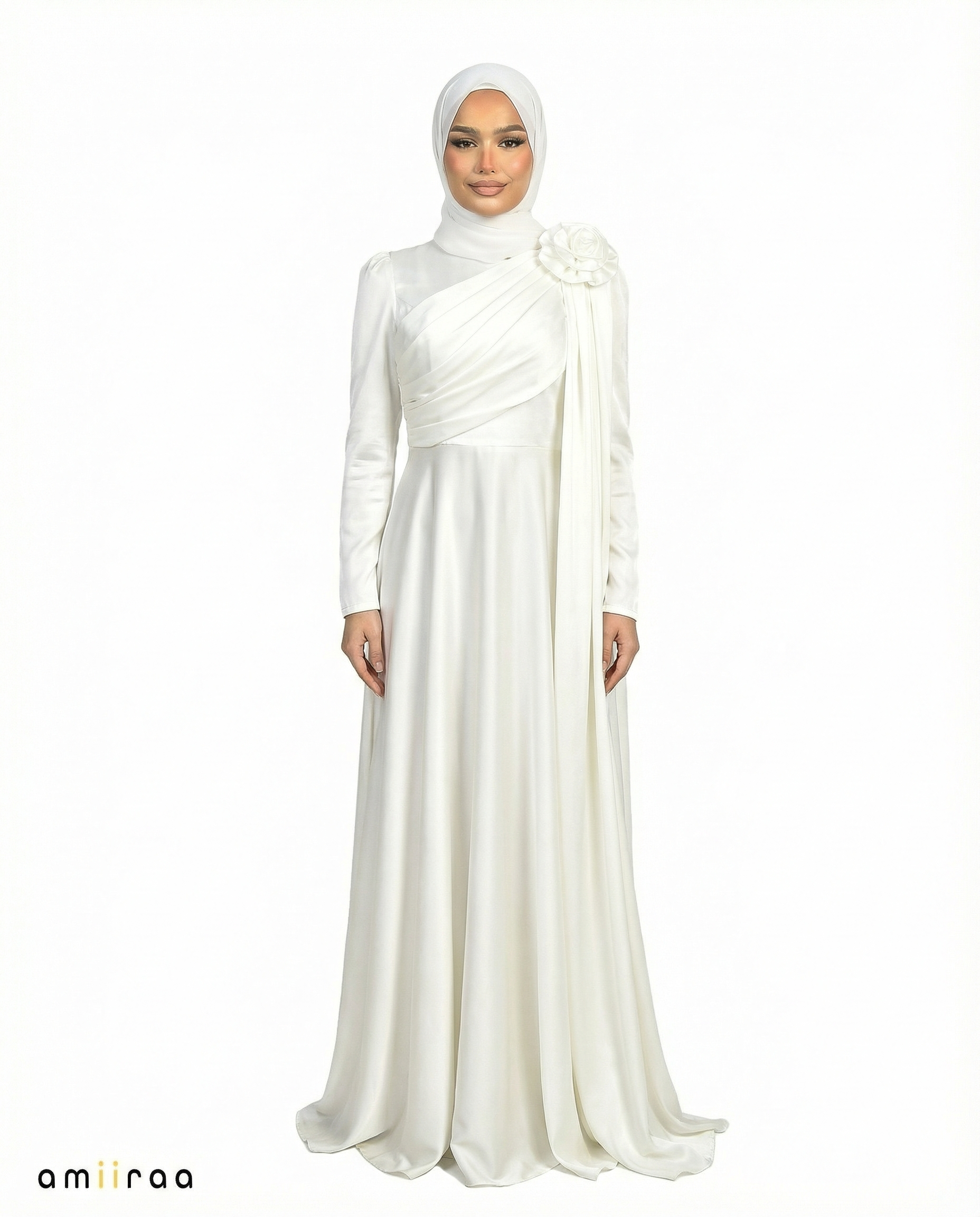 Oyster White Satin Drape Gown with Detachable Shoulder Flower