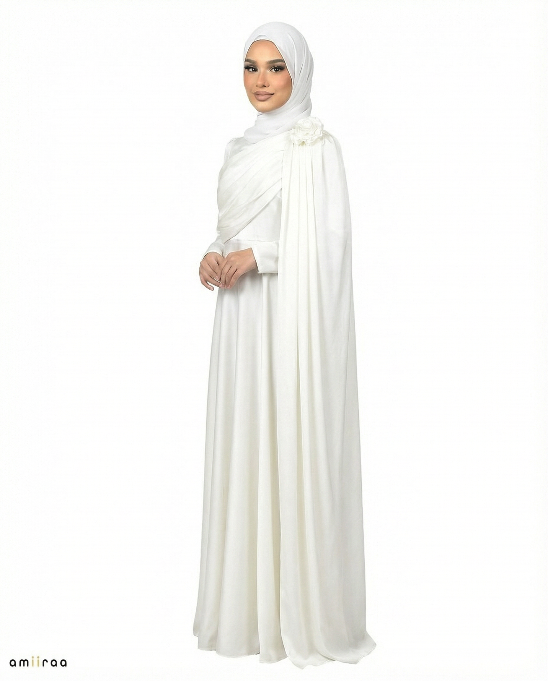Oyster White Satin Drape Gown with Detachable Shoulder Flower