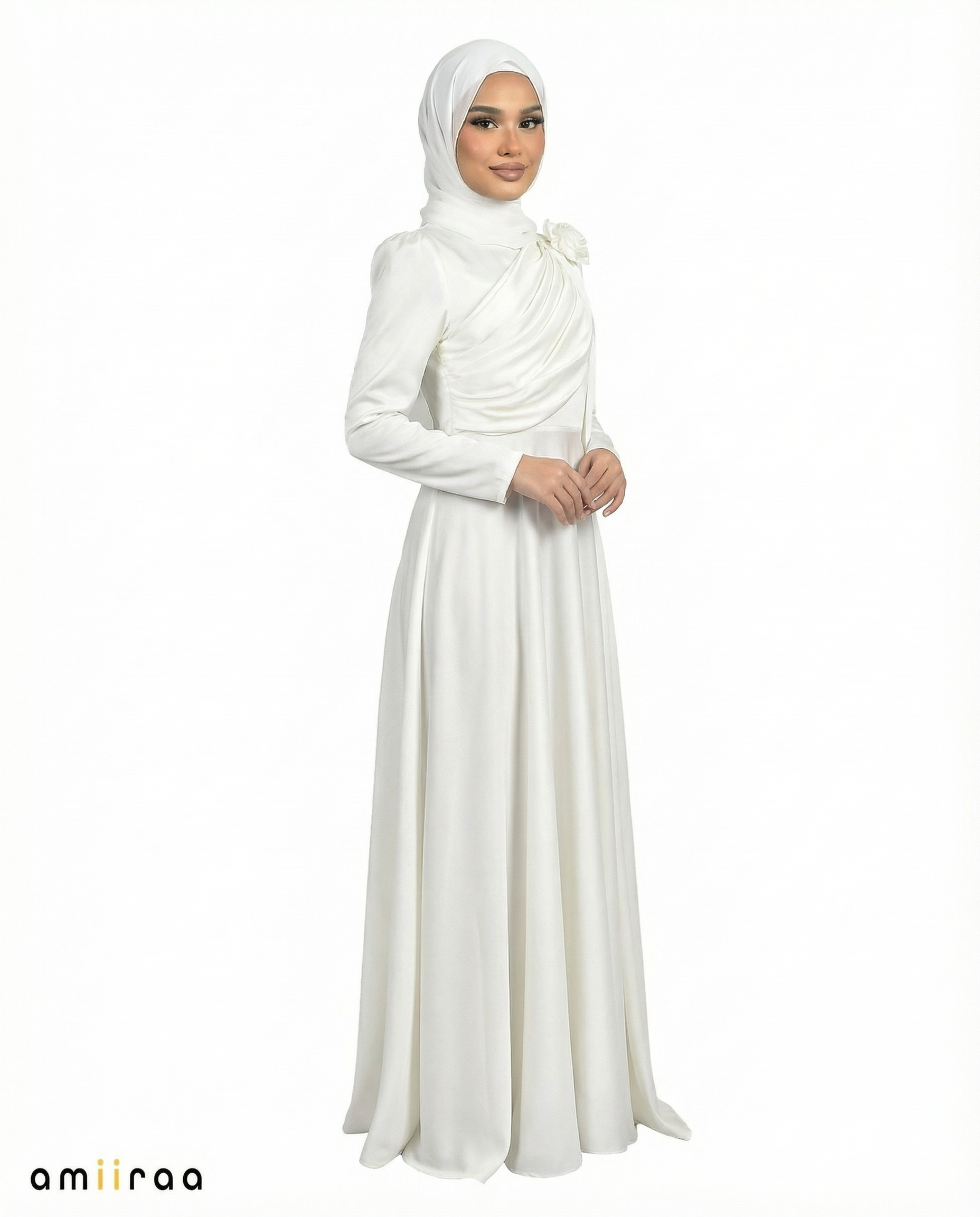 Oyster White Satin Drape Gown with Detachable Shoulder Flower