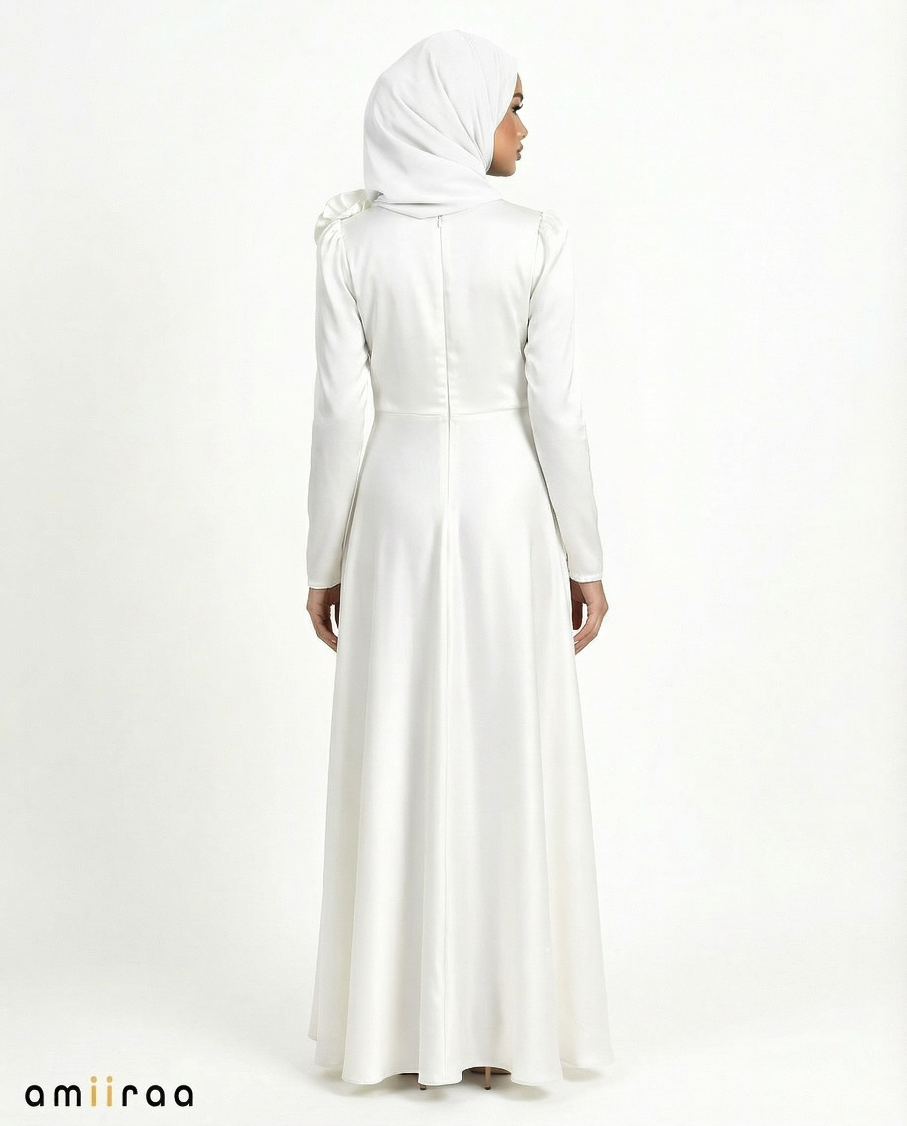 Oyster White Satin Drape Gown with Detachable Shoulder Flower