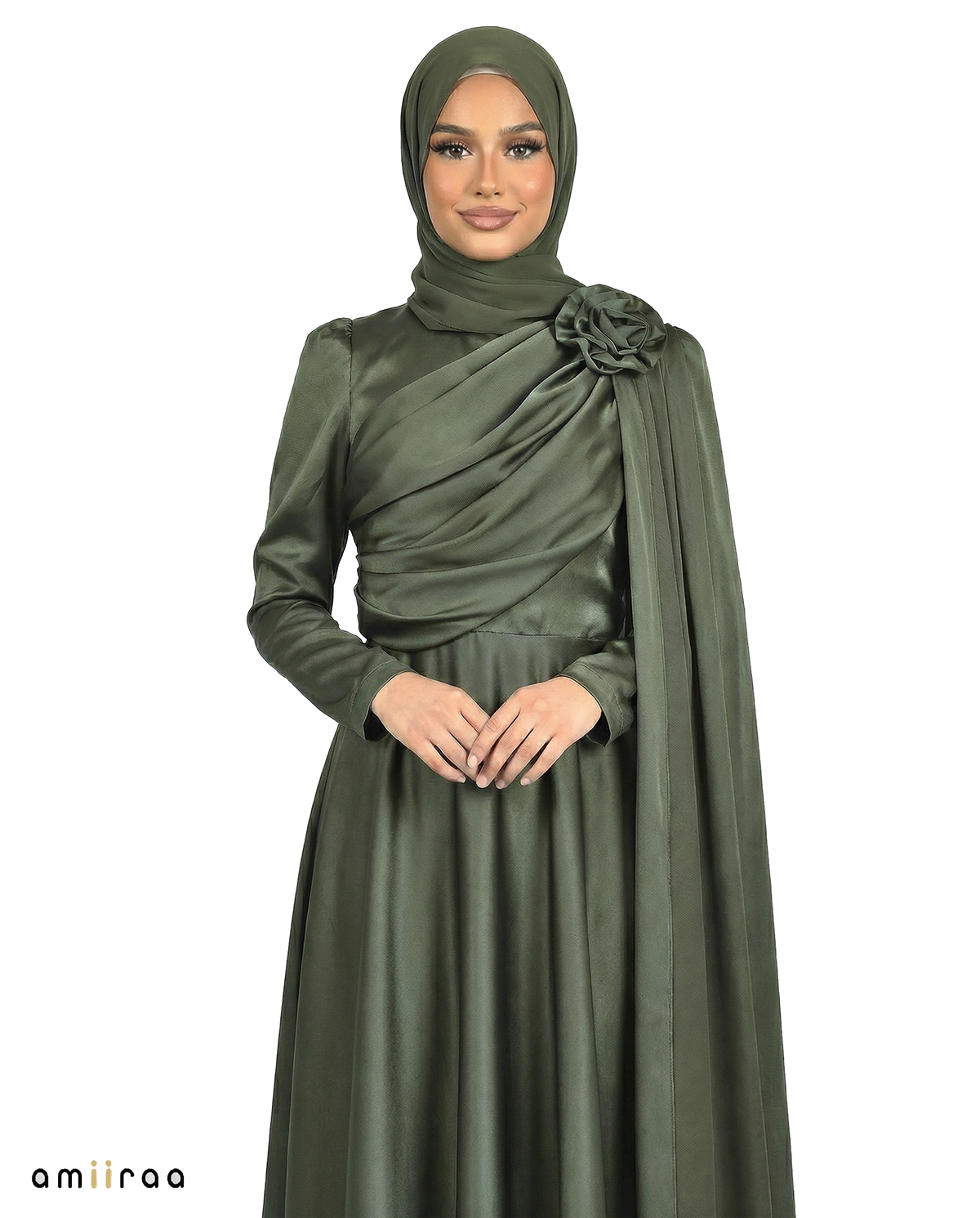 Eden Satin Drape Gown with Detachable Shoulder Flower
