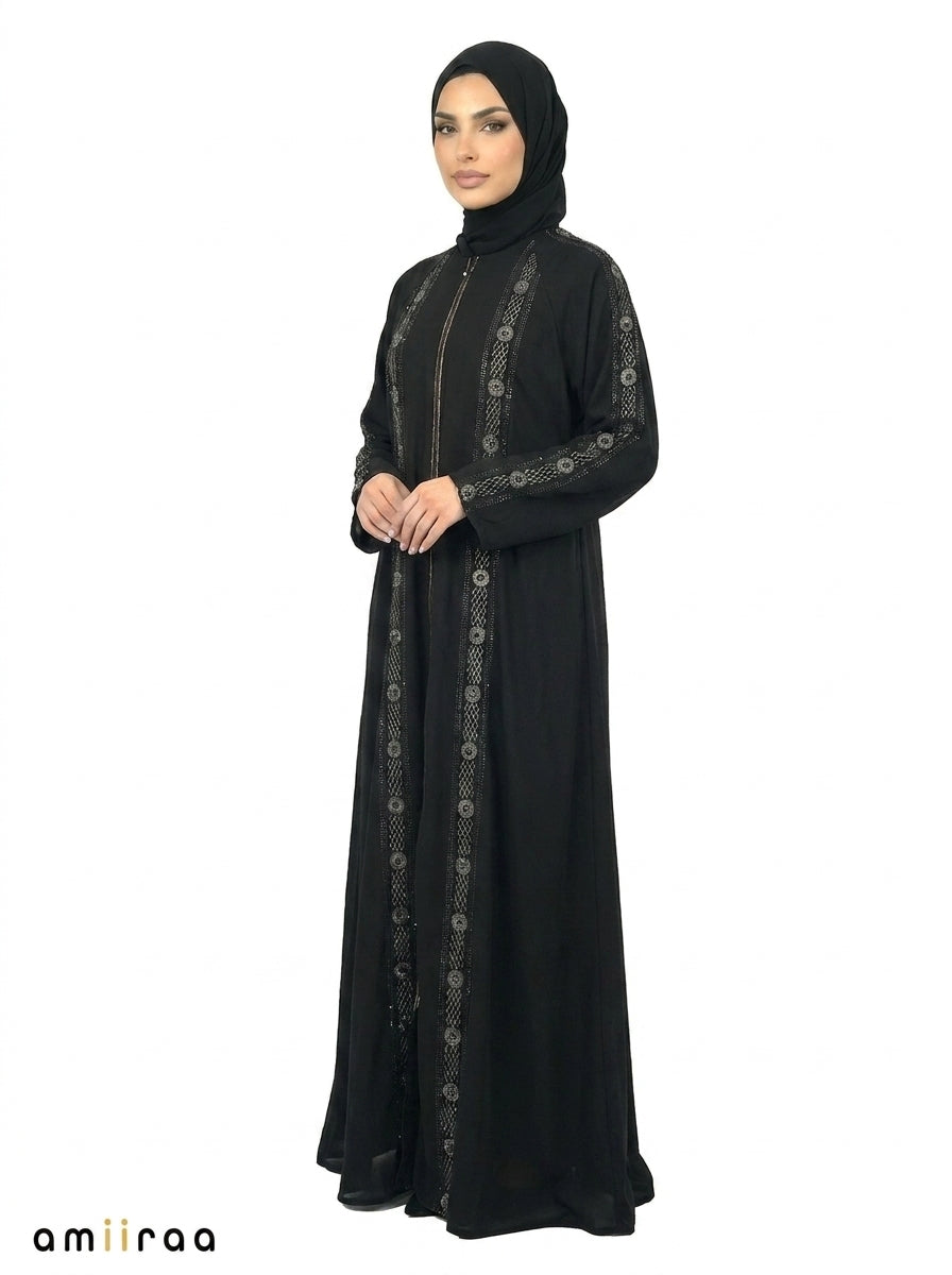 White Down Embroidered Sleeve Detail Front-Zip Abaya
