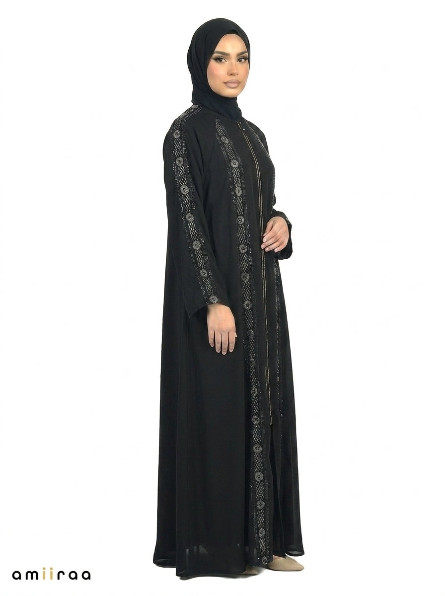 White Down Embroidered Sleeve Detail Front-Zip Abaya