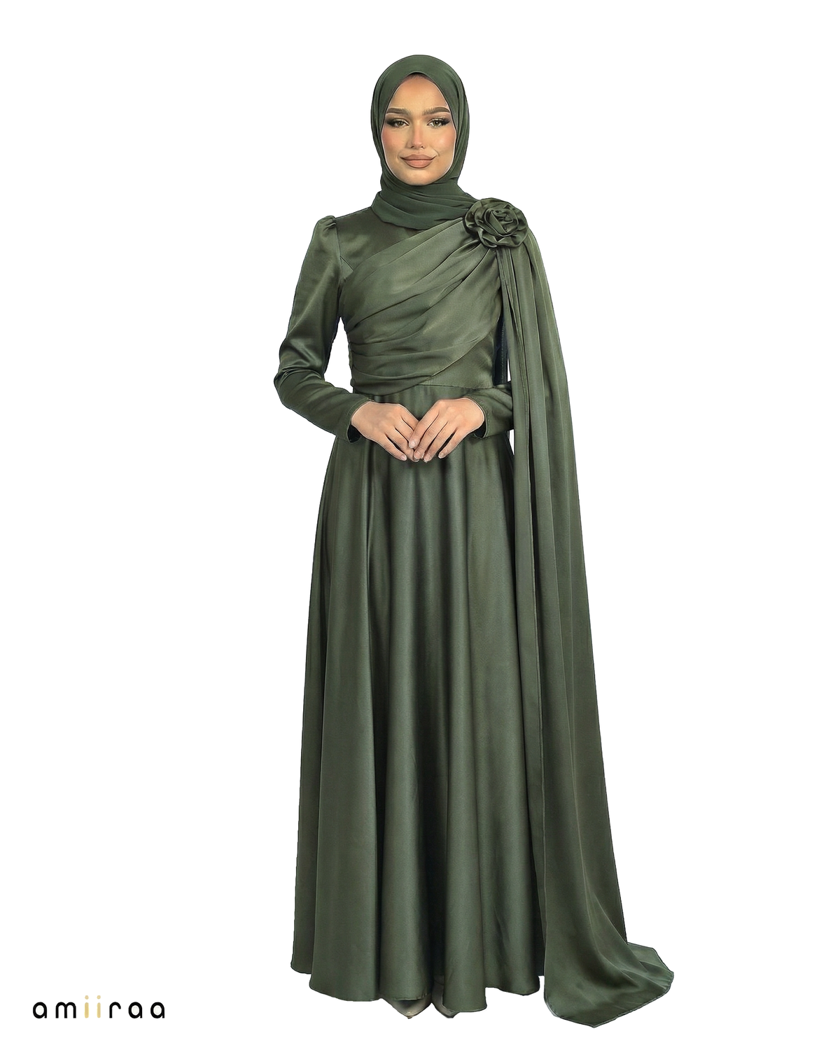 Eden Satin Drape Gown with Detachable Shoulder Flower