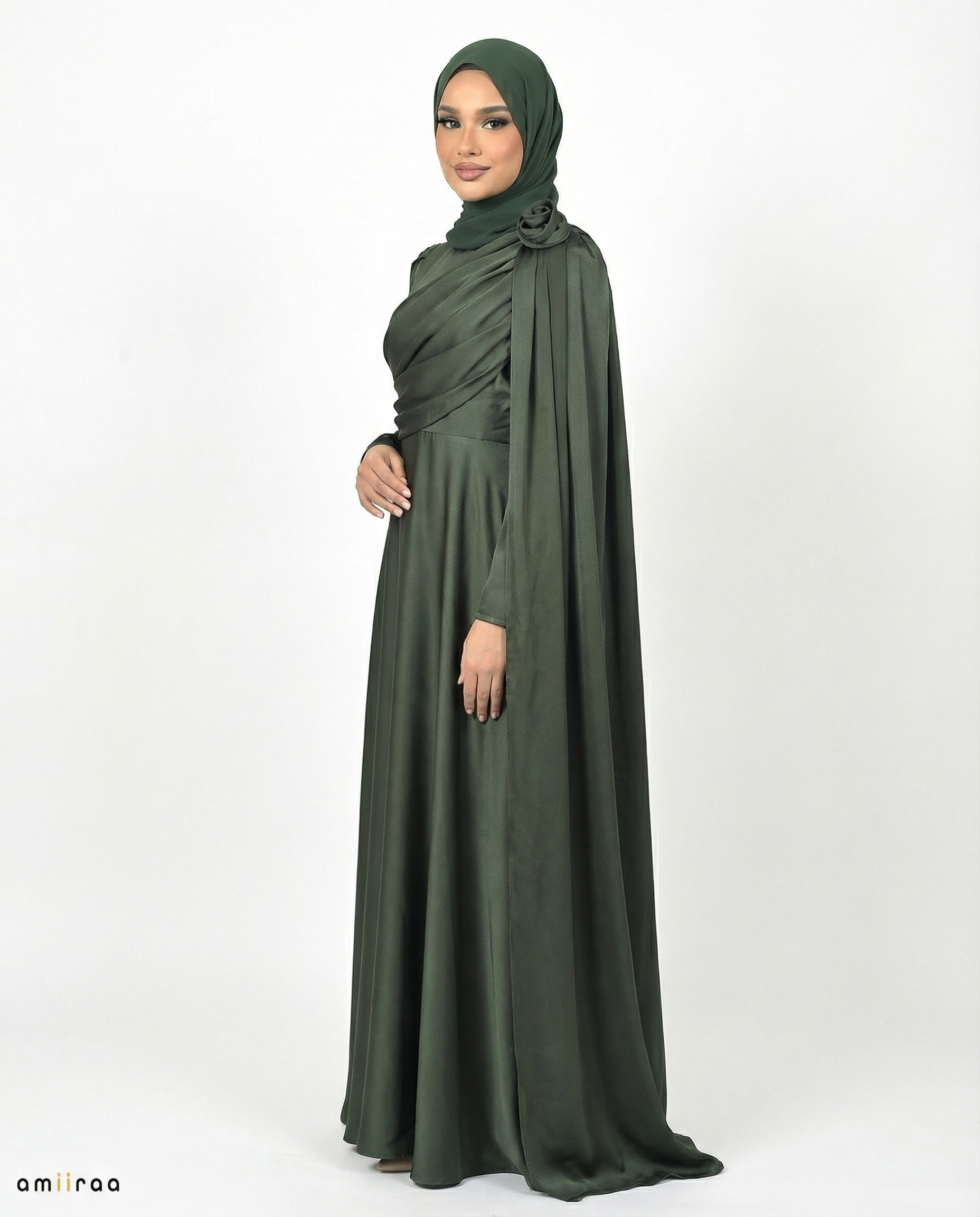 Eden Satin Drape Gown with Detachable Shoulder Flower