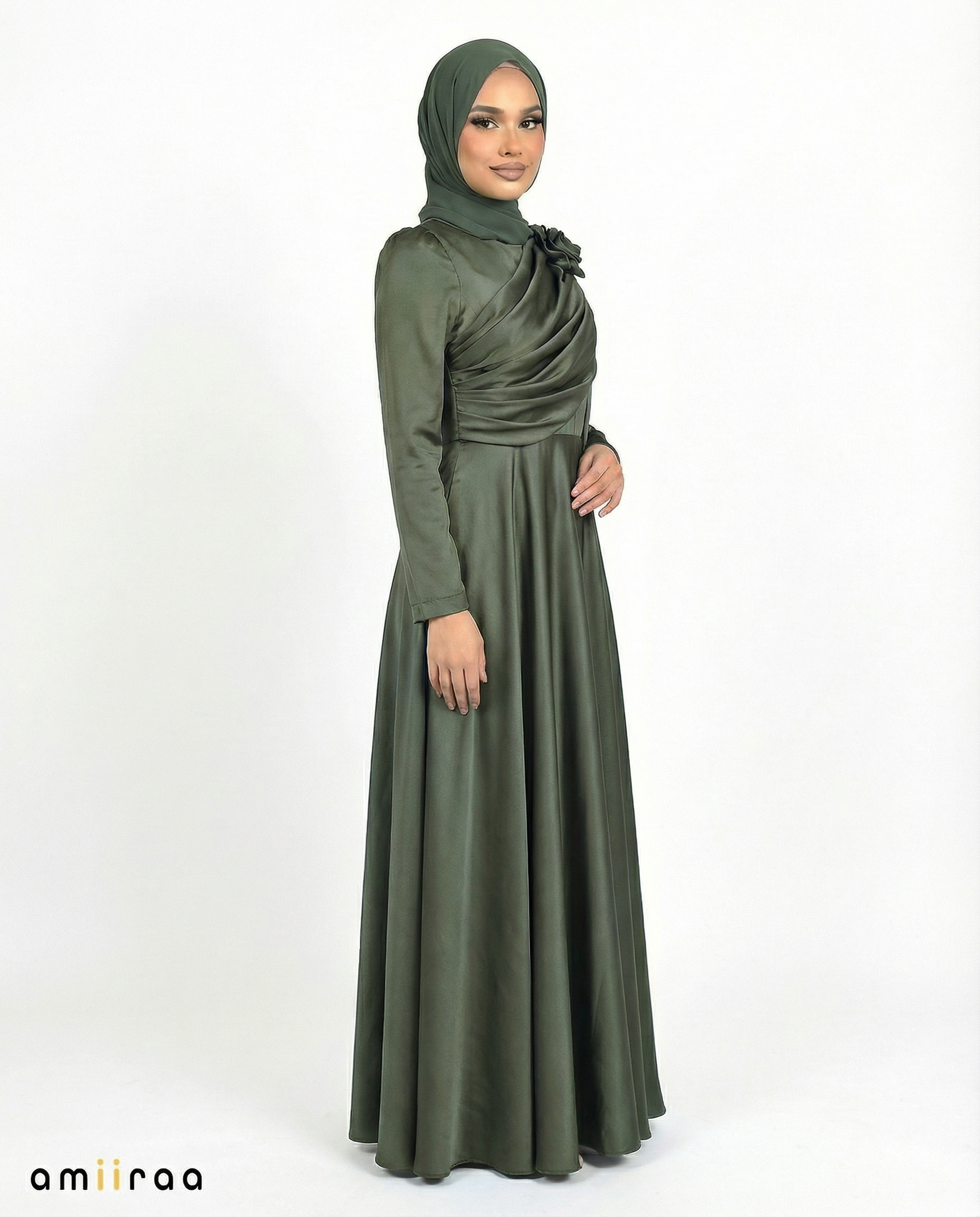 Eden Satin Drape Gown with Detachable Shoulder Flower