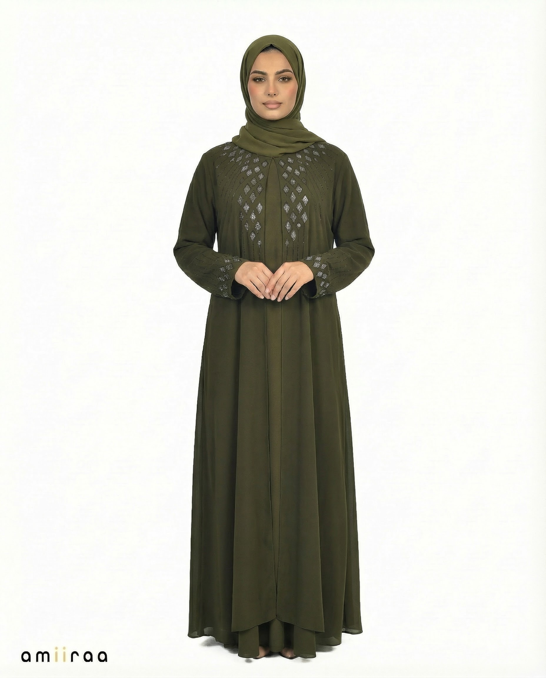 Peat Stone-Trim Layered Chiffon Abaya
