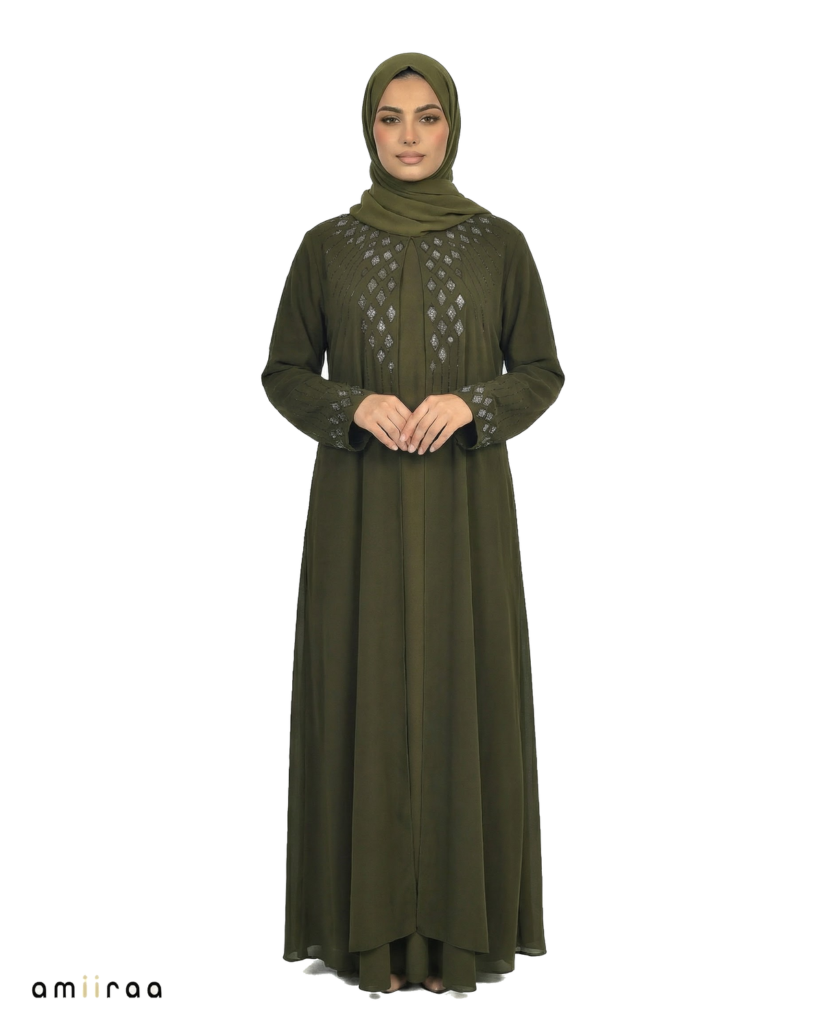 Peat Stone-Trim Layered Chiffon Abaya