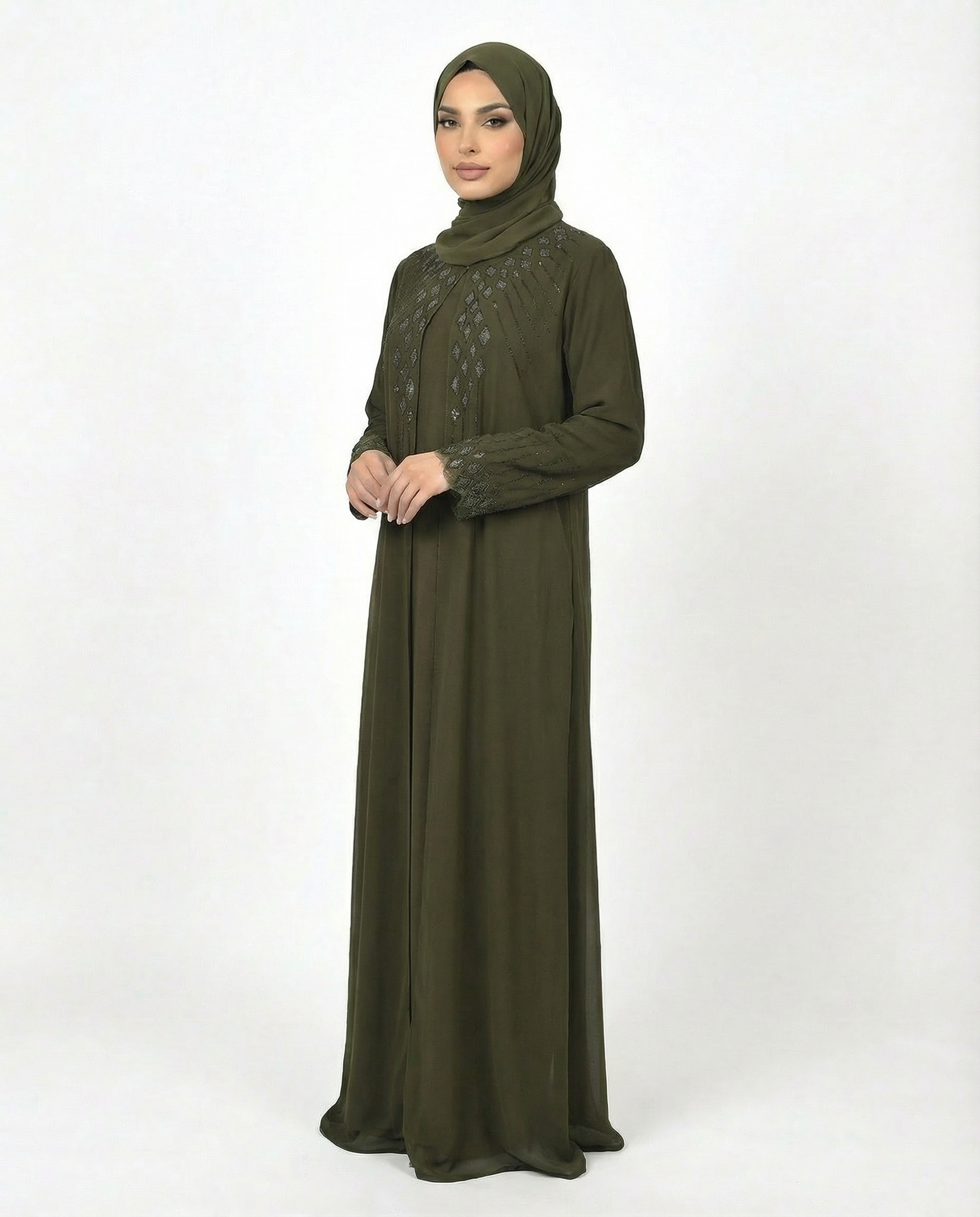 Peat Stone-Trim Layered Chiffon Abaya
