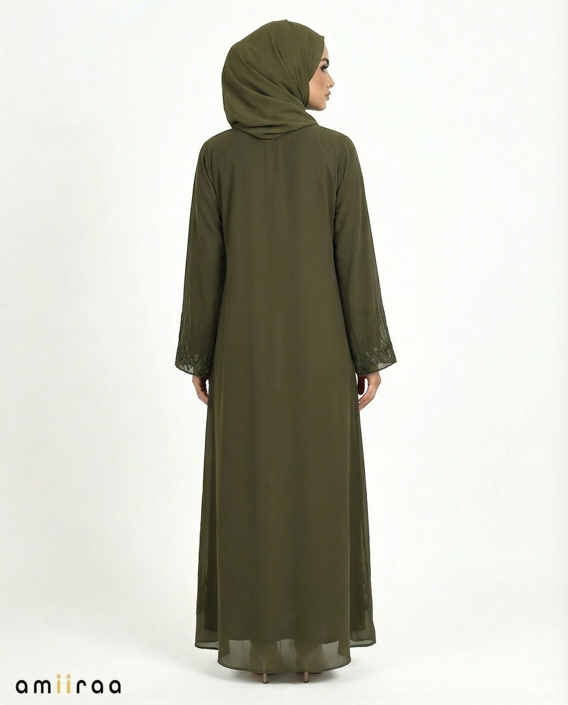 Peat Stone-Trim Layered Chiffon Abaya