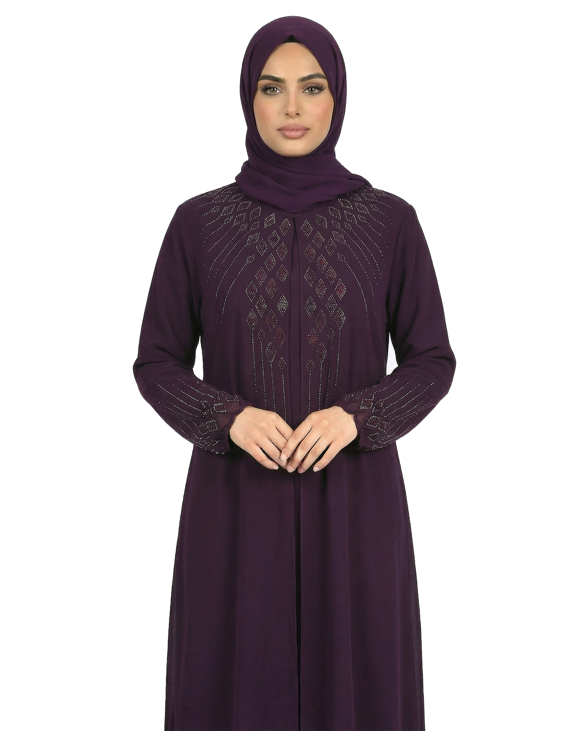 Purple Pennant Stone-Trim Layered Chiffon Abaya